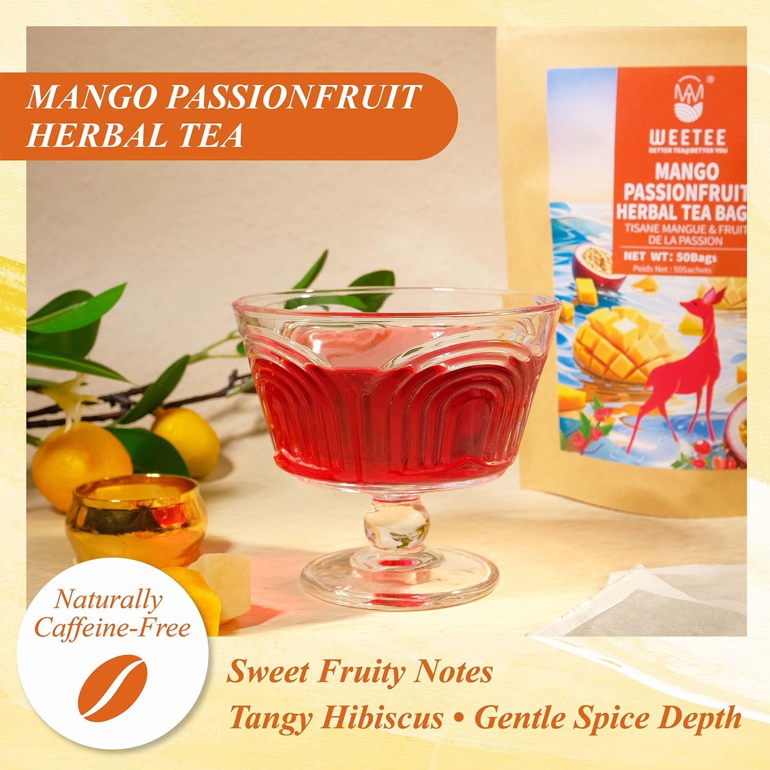 Mango Passionfruit Herbal Tea, 50 Count Tropical Fruit Flavored Tea Bags, Caf…