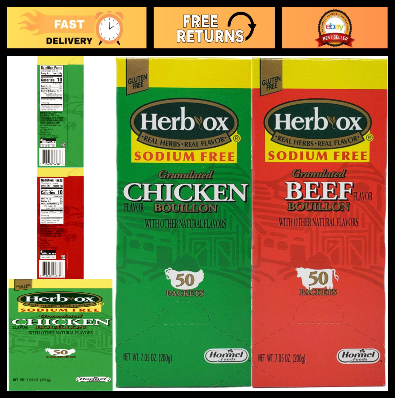 Sodium-Free Beef & Chicken Bouillon Bundle – 100 Packets, Flavorful Broth Mix