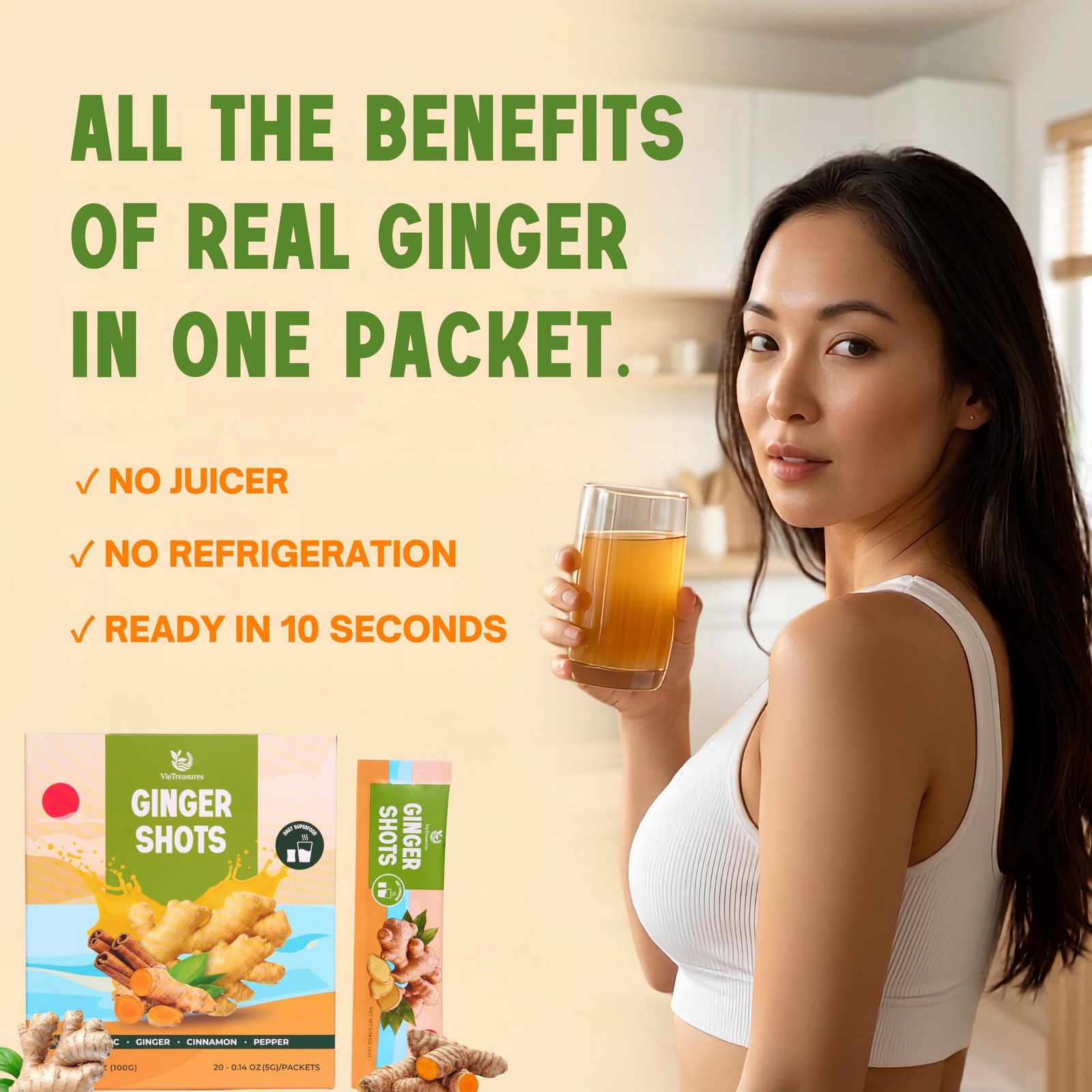 VieTreasures Ginger Shots Powder – Daily Wellness Drink Mix with Pack of 20