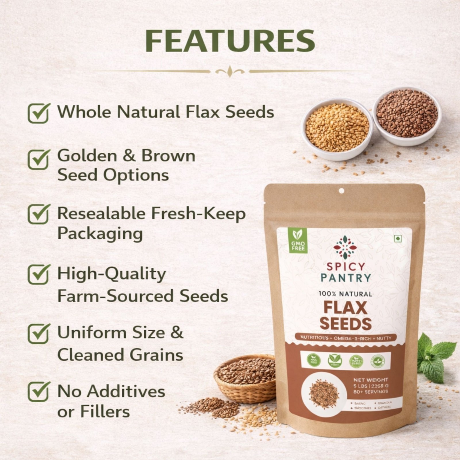 Brown Flax Seeds Whole – Omega-3 Rich & Pure – High in Fiber & Nutrition – 2 LBS