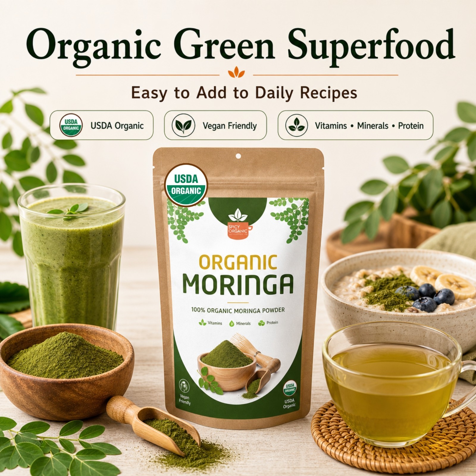 Spicy Organic Moringa Powder 16 oz | USDA Organic