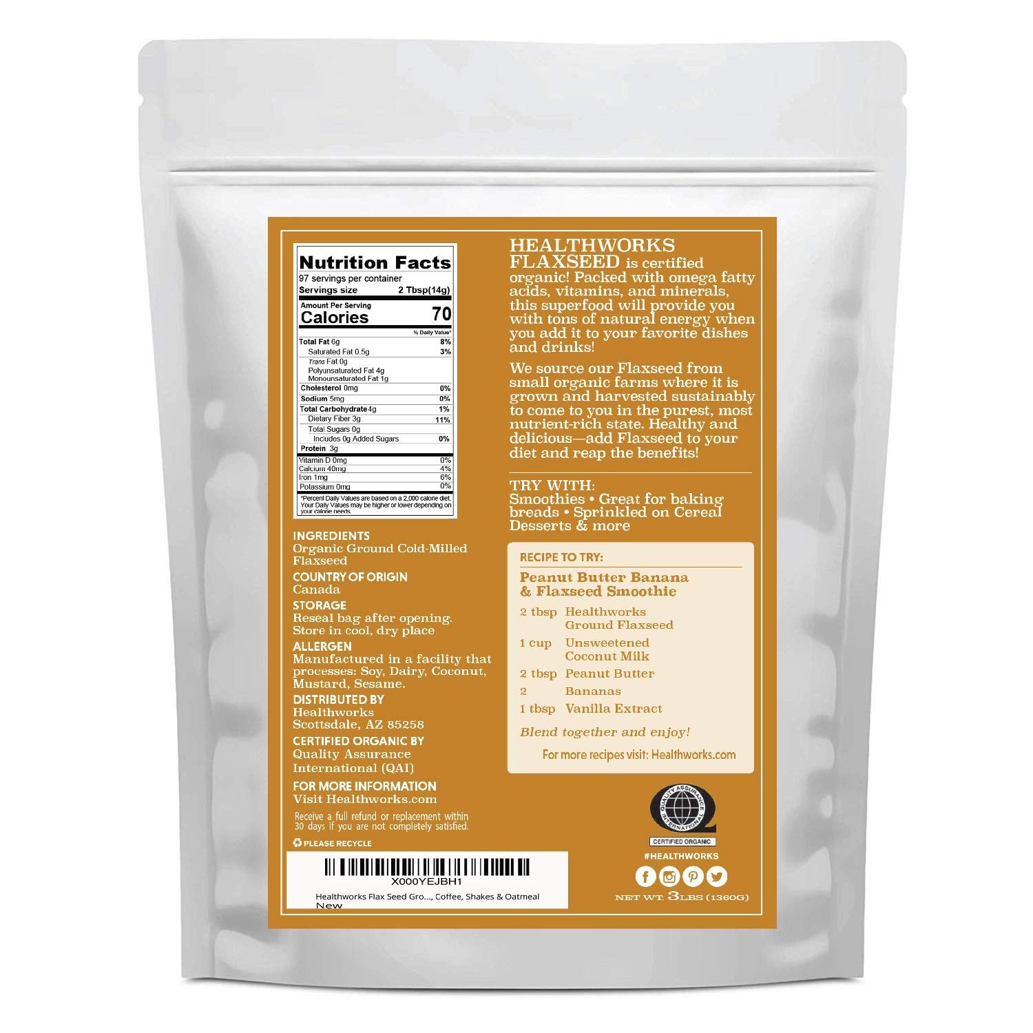 Organic Ground Flaxseed Powder 3 Lbs Cold Milled Raw Meal Omega 3 Fiber