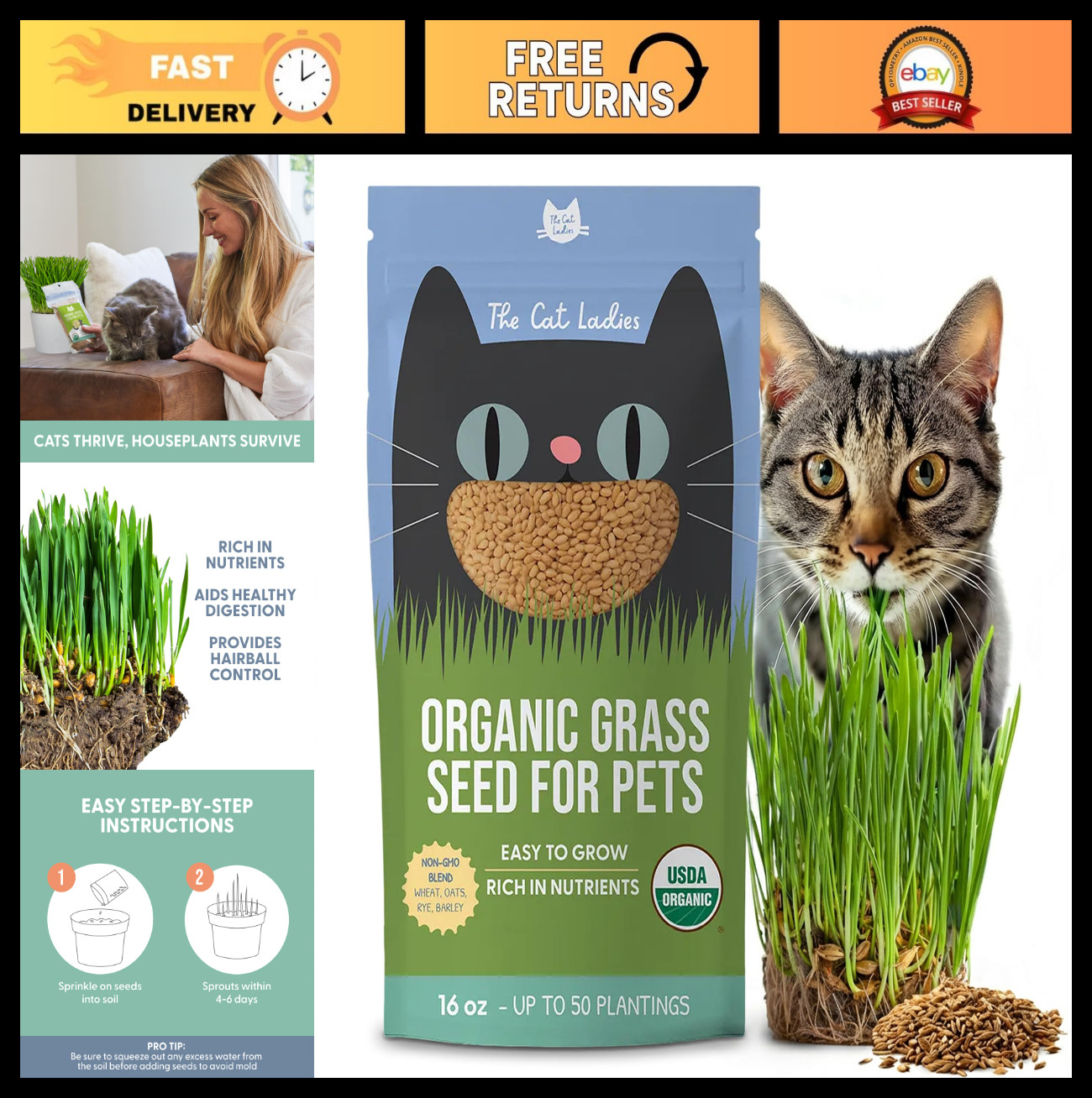 100% Organic Cat Grass Seed – Non-GMO, 16oz – Perfect for Indoor Cats & Kittens