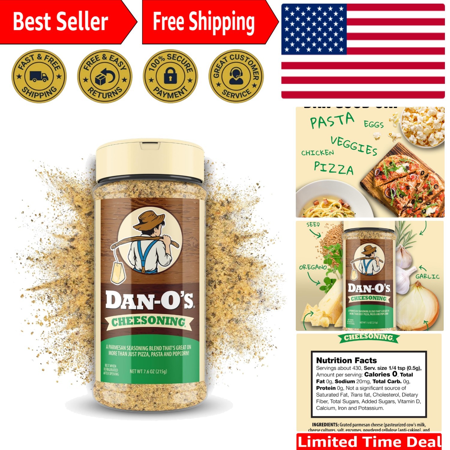 Dan-O’s Cheesoning Seasoning, 7.6 oz Bottle – Savory, Sugar-Free Italian Flavor