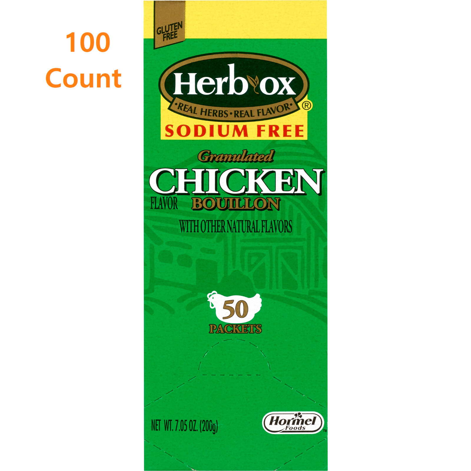 100 Pack, Herb-Ox Sodium Free Instant Broth Chicken Flavor 8 oz Packet