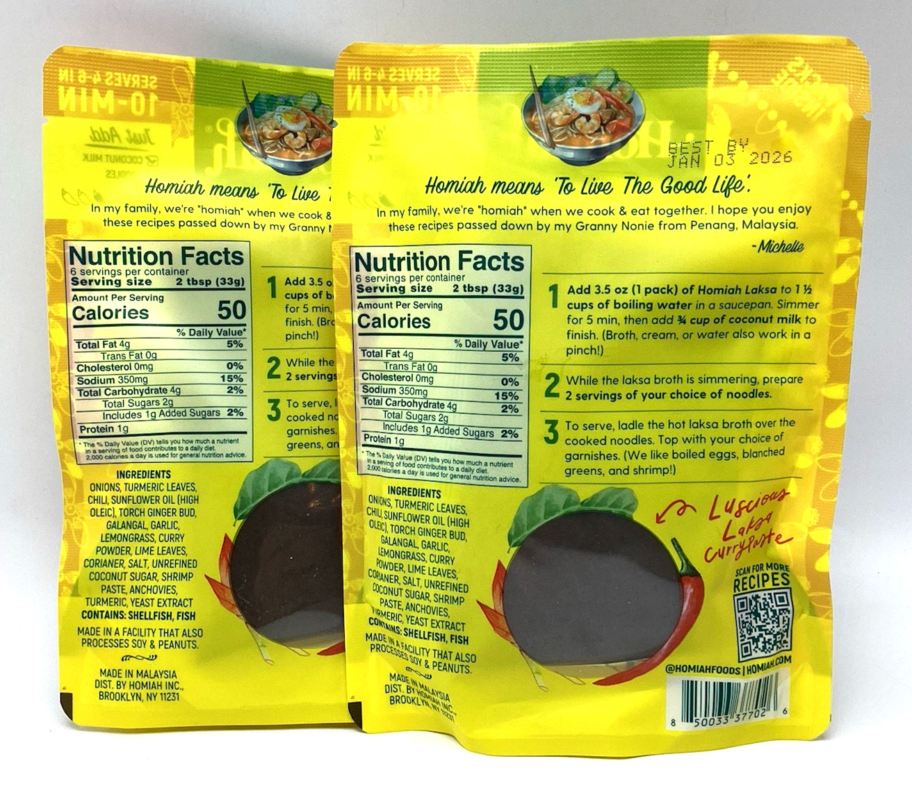 2 Pack Homiah Singaporean Laksa Curry Paste 7 oz ea KETO