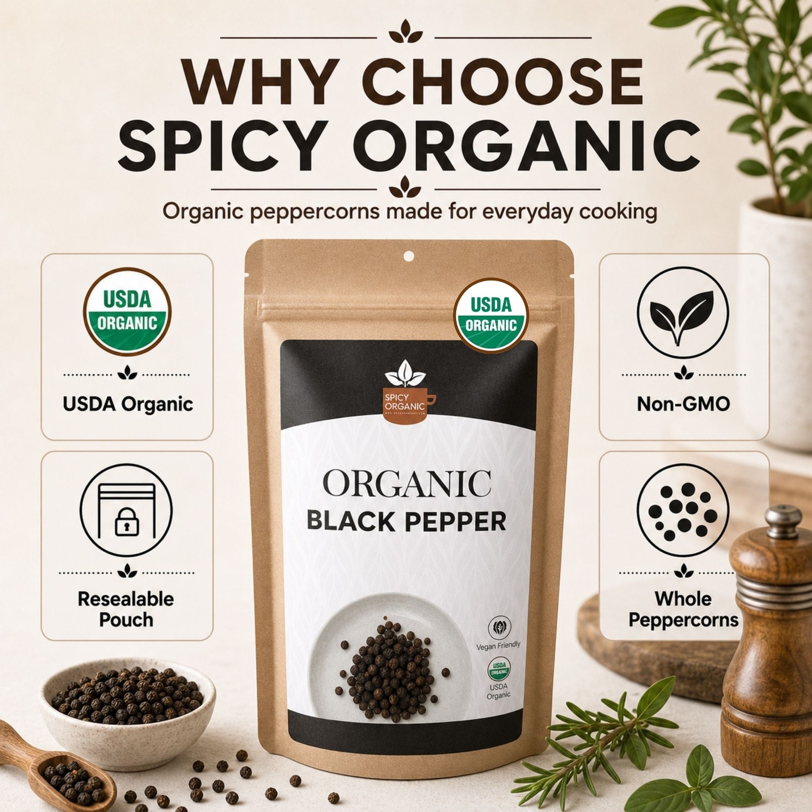 Organic Black Peppercorns — USDA Certified, Non-GMO | Grinding, Marinades &
