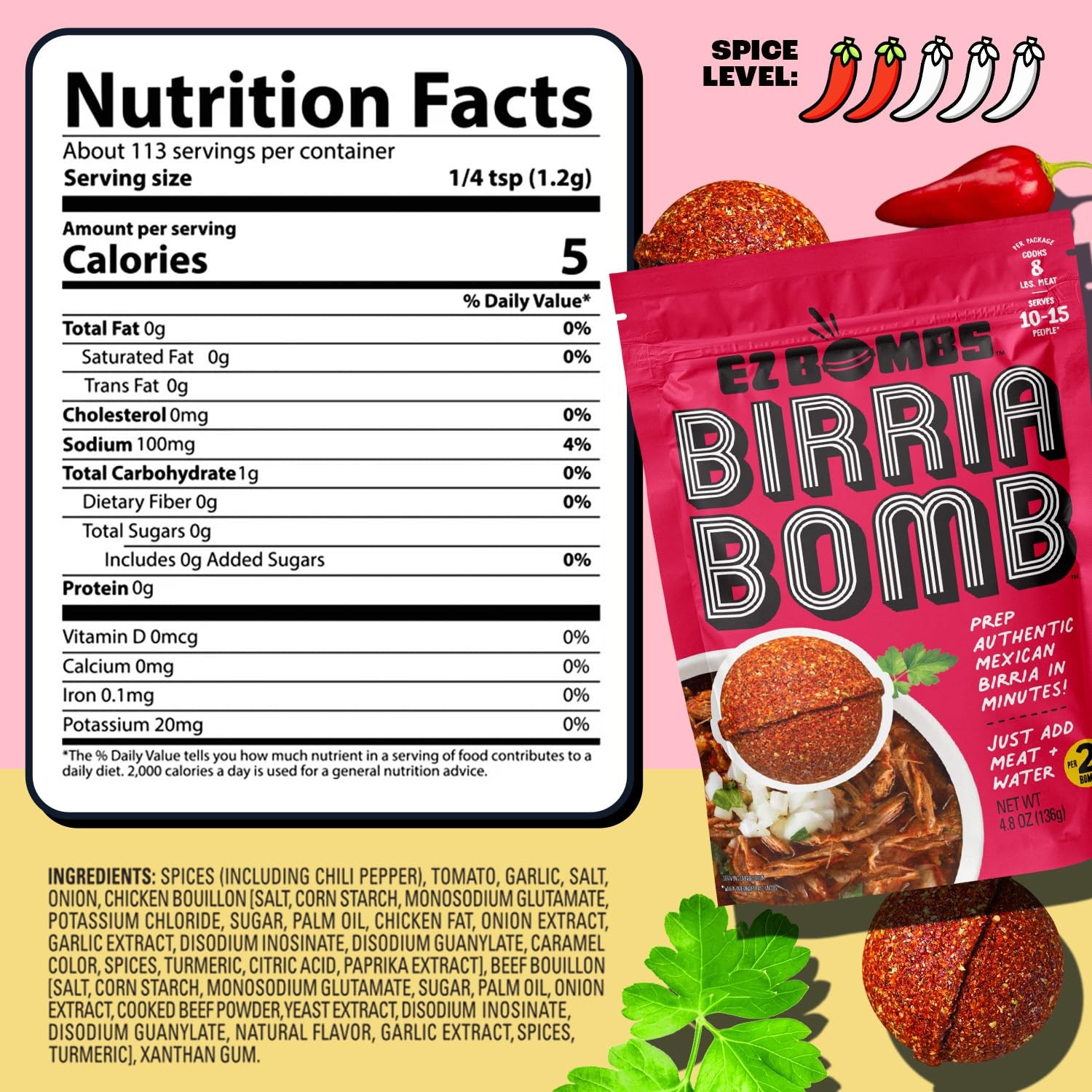 EZ Bombs Birria Bomb Seasoning, Pack of 2 – Authentic 4.8 Ounce (Pack 1)