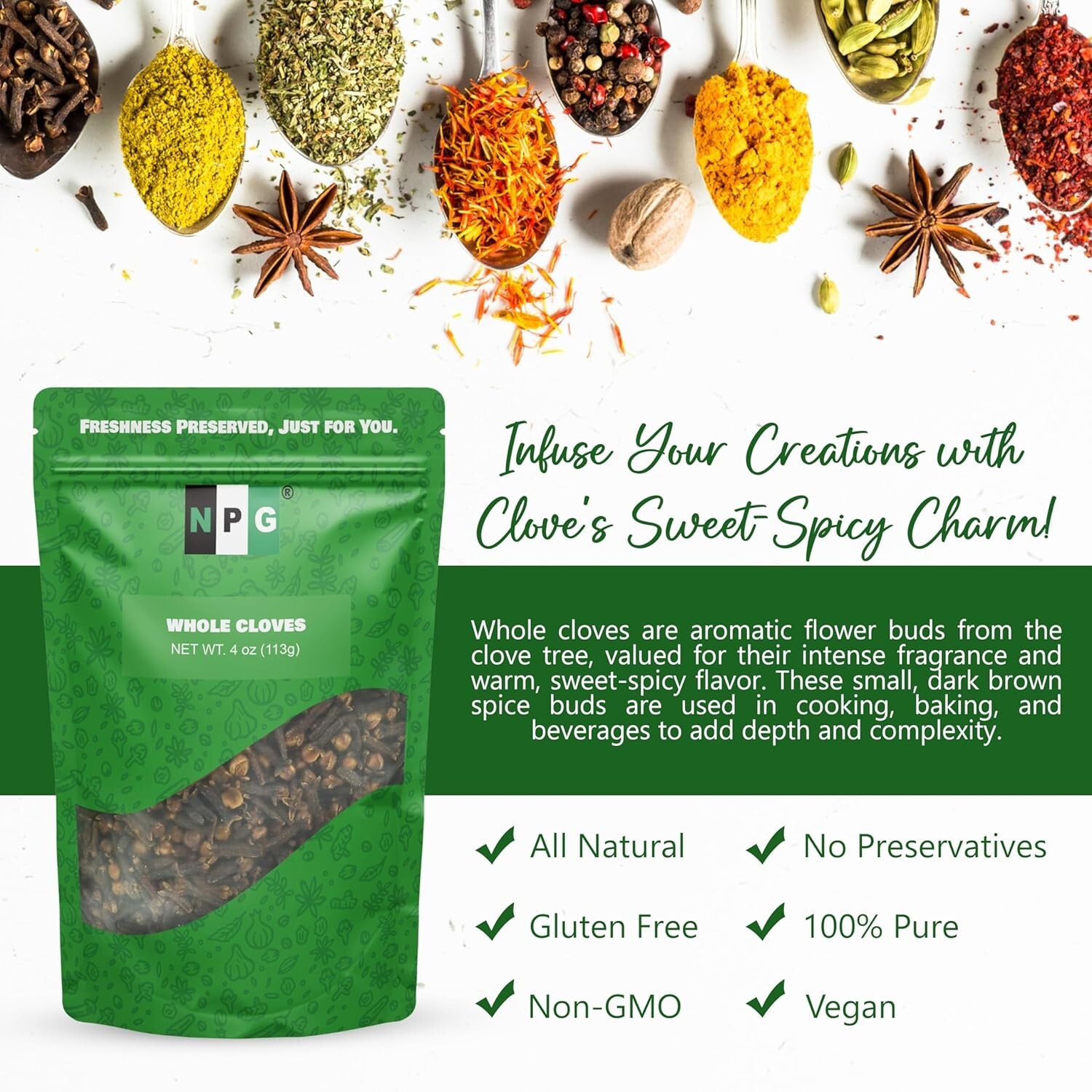 NPG Whole Clove Bud 4 Oz, Strong Aroma and Flavor Cloves Spice for Holiday