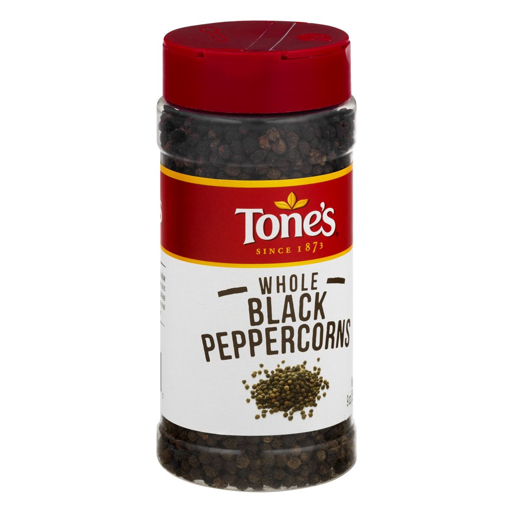Tone’S Black Peppercorns Whole, Savory taste, Earthy flavor & Sharp Aroma ,9 Oz