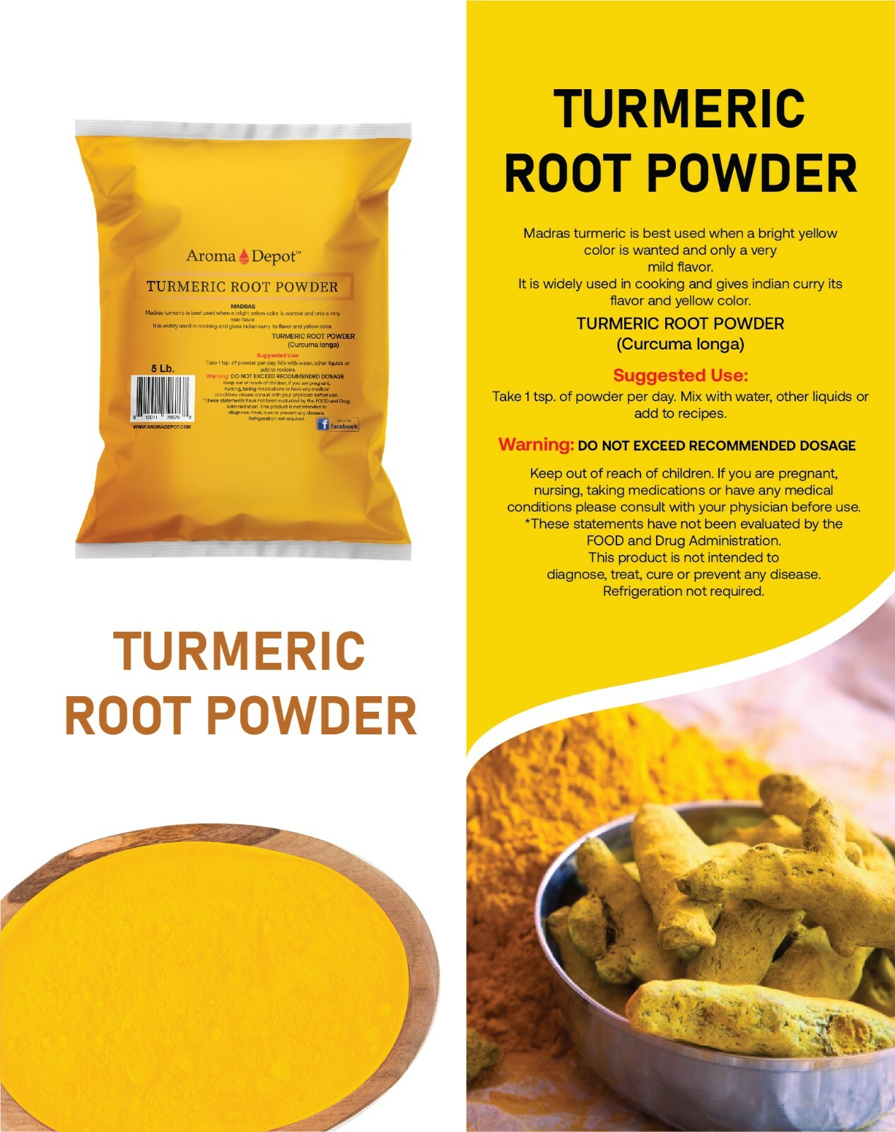 Tumeric Root Powder 5lbs. Raw Curcuma longa 5 Libras Yellow Turmeric Curcumin