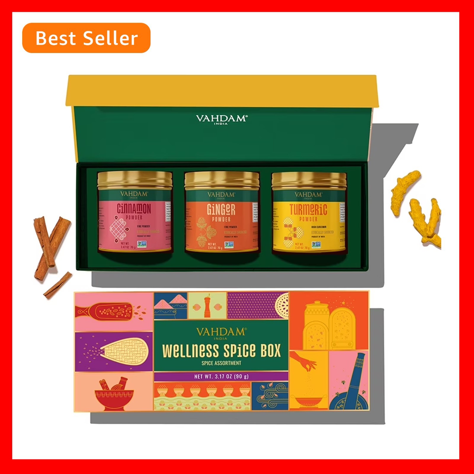 World Market VAHDAM Wellness Spice Gift Box Cinnamon Ginger Turmeric 3 Jars