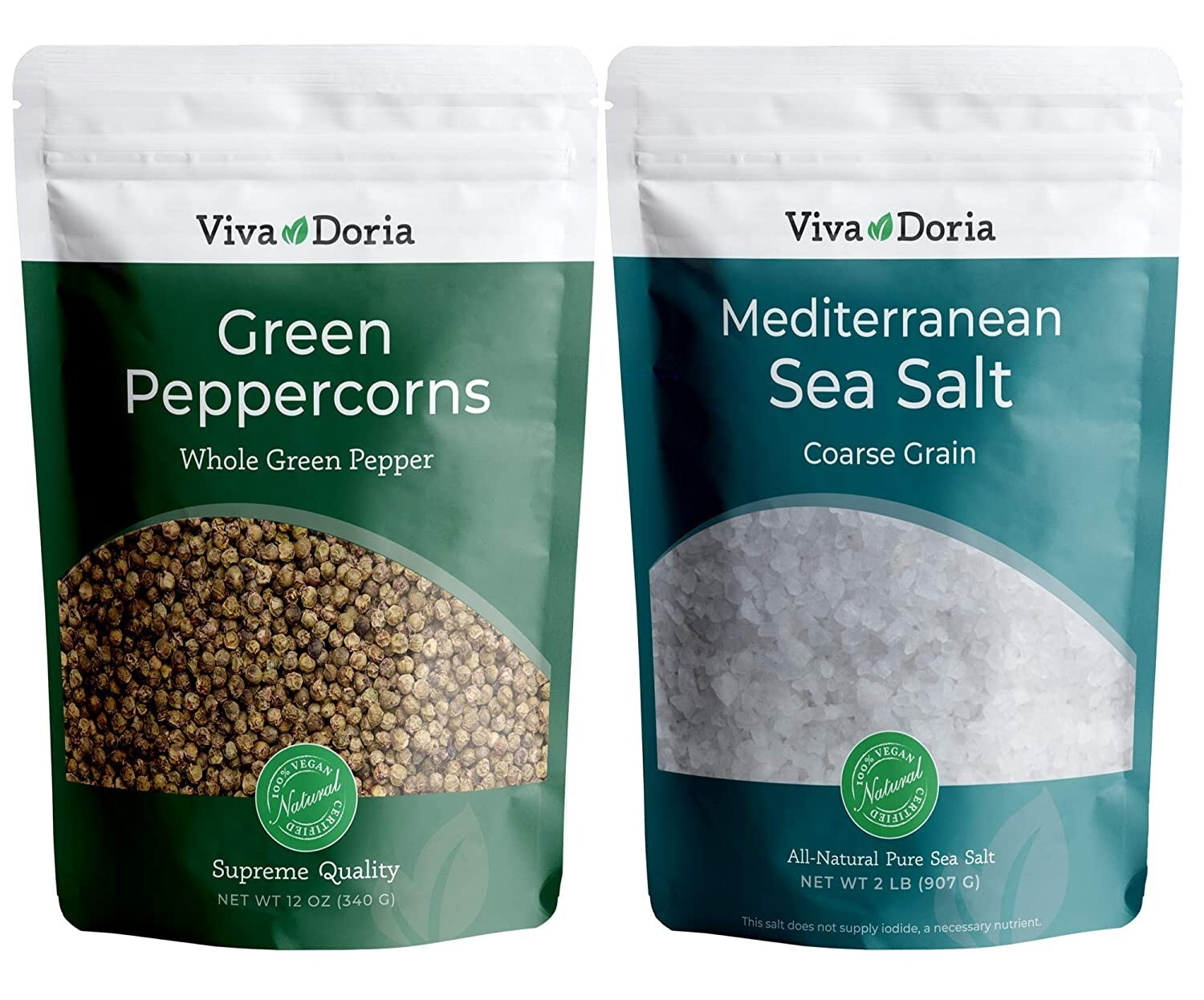 Viva Doria Green Peppercorns, 12 oz & Mediterranean Sea Salt, Coarse Grain, 2 lb