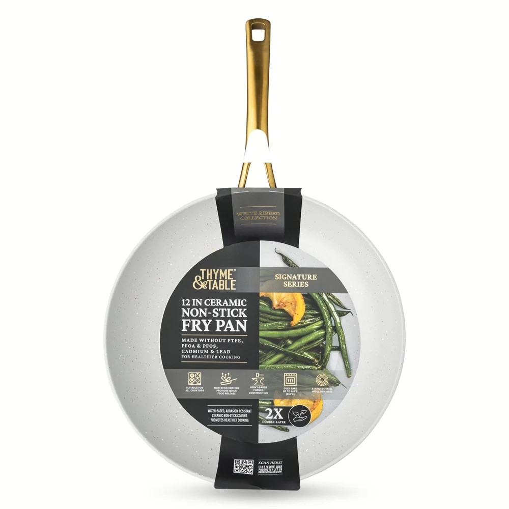 Thyme & Table 12″ Non-Stick Signature Ribbed Fry Pan- White & Gold