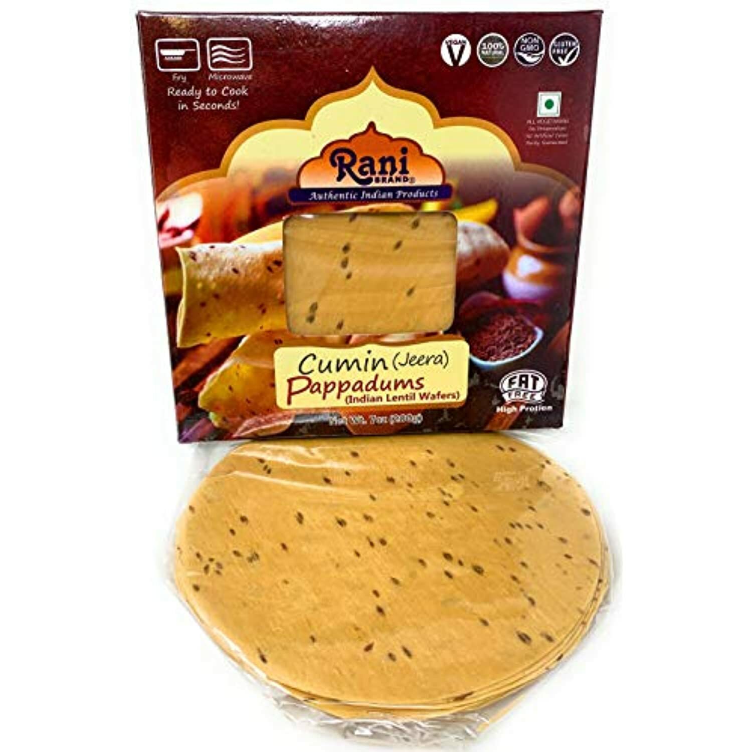 Rani Pappadums (Indian Lentil Wafer Snack) Jeera Papad 7oz (200g) Pack of 2