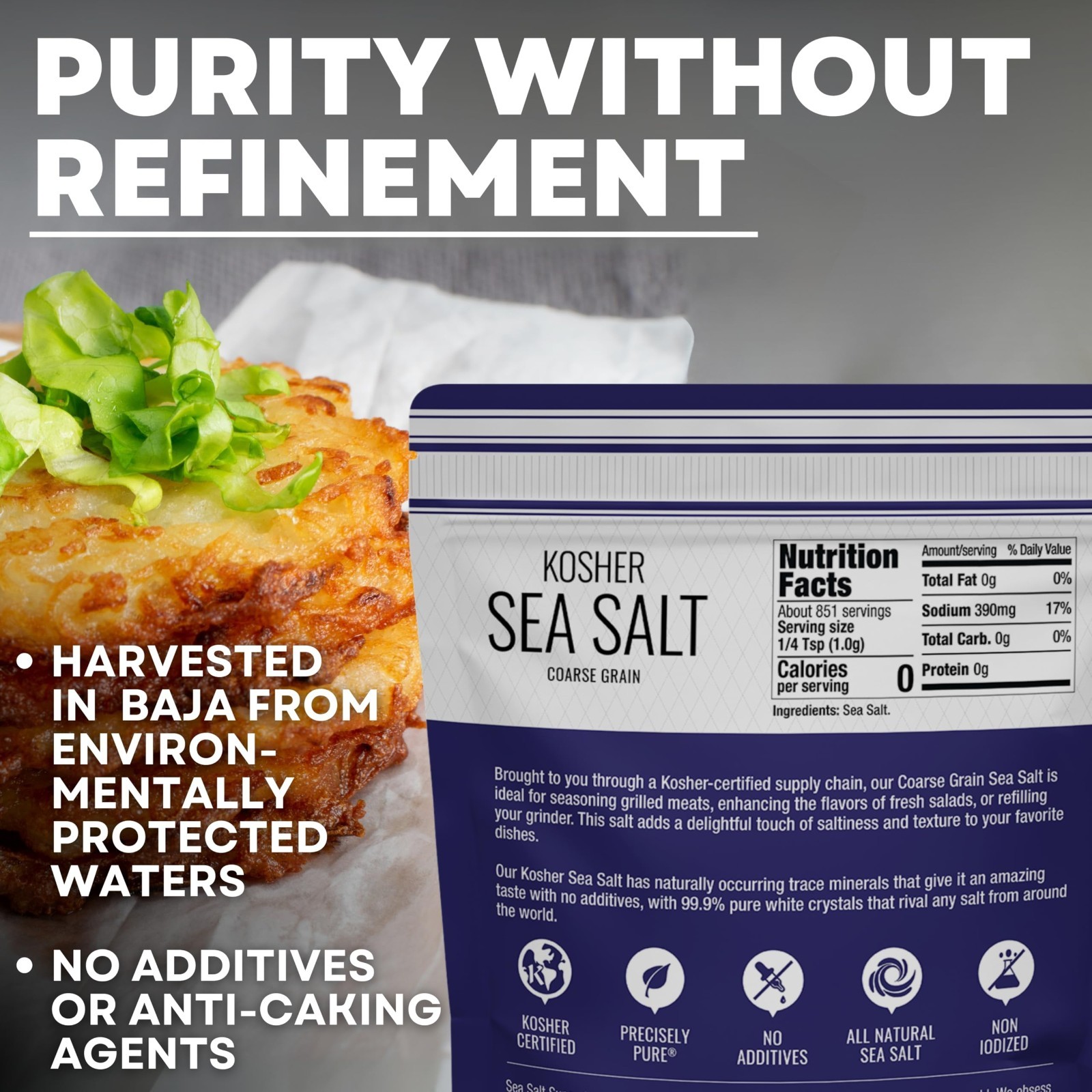 Coarse Grain Kosher Sea Salt – Non-Iodized, All-Natural, 30 oz Bag, No Additives
