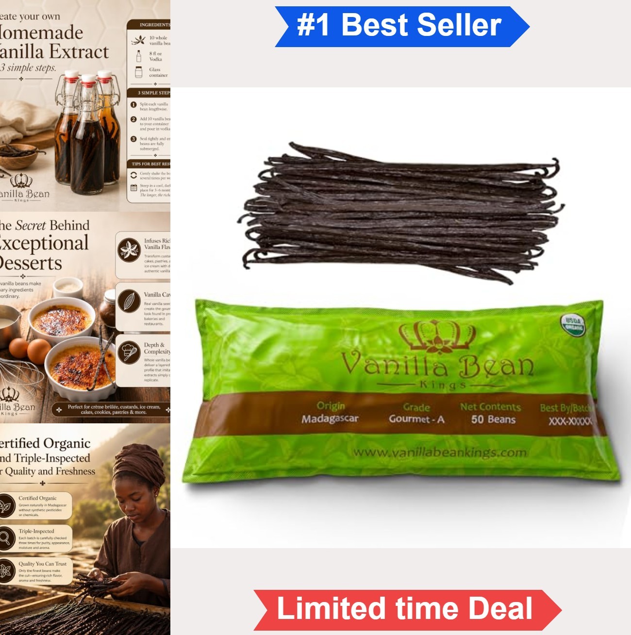 Organic Vanilla Beans 50 Grade A Whole Pods 5-7 Inch for Extract Baking