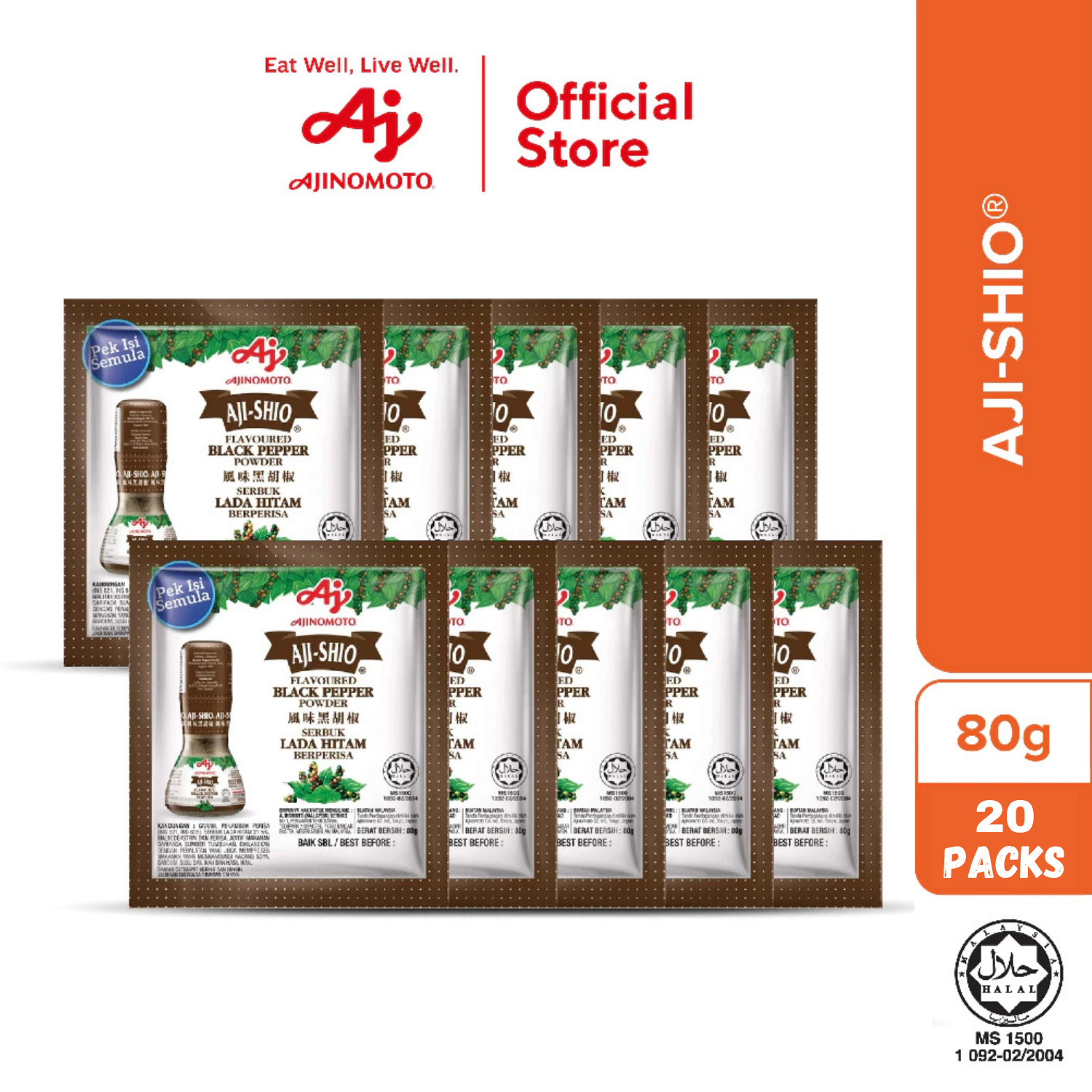 x 20 Packs Ajinomoto Aji-Shio Flavoured Black Pepper Refill 80g HALAL Malaysia
