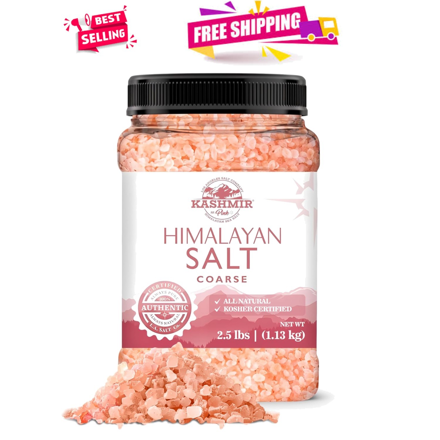 100% Pure Kashmir Pink Himalayan Salt – 2.5 lbs – 84 Trace Minerals &