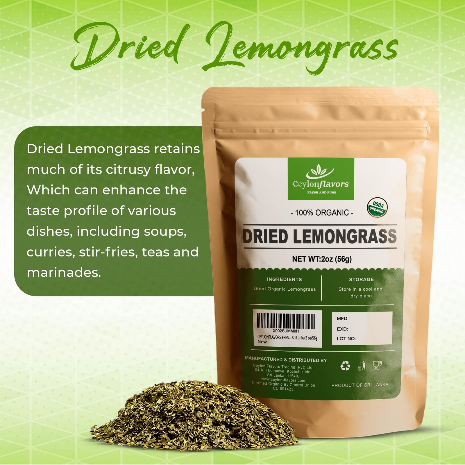 Organic Premium Grade Dried Lemon Grass Cut, harvested from a Organic Farm in…