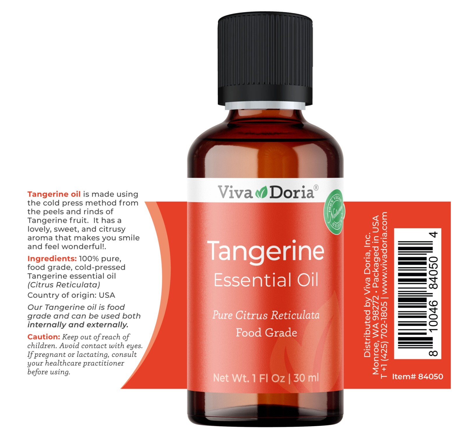 Viva Doria Pure Tangerine Essential Oil, Food Grade, 1 Fl oz