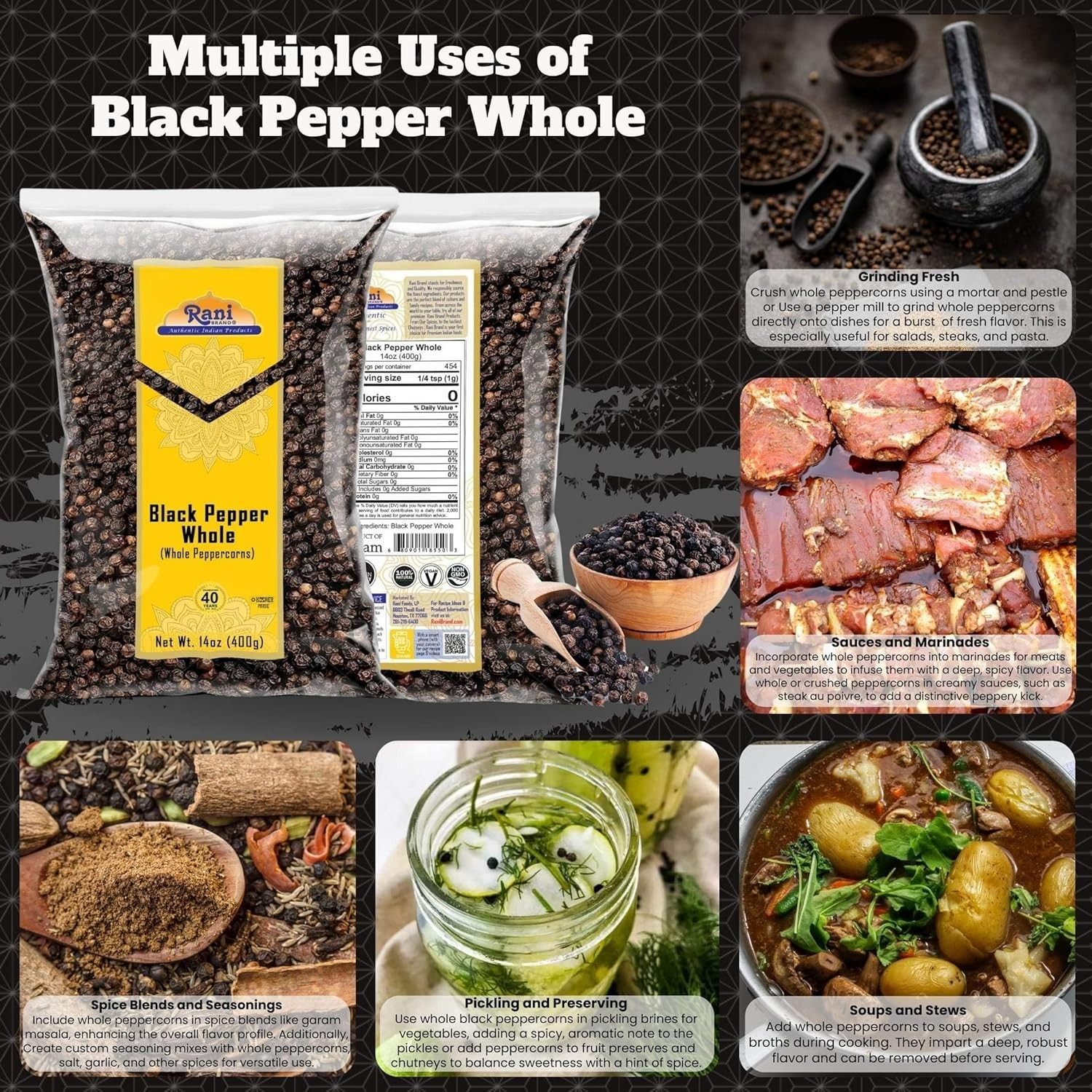 14oz Whole Black Peppercorns – Non-GMO, Gluten Friendly, Perfect for Grinders