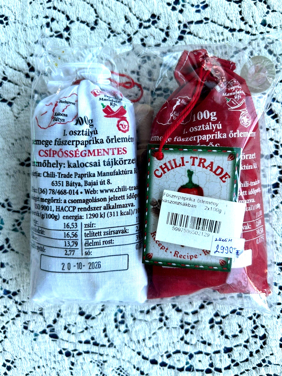 Lot of 2 Hungarian Paprika Hot Sweet Cotton Bags Wooden Scoops Souvenir NIP