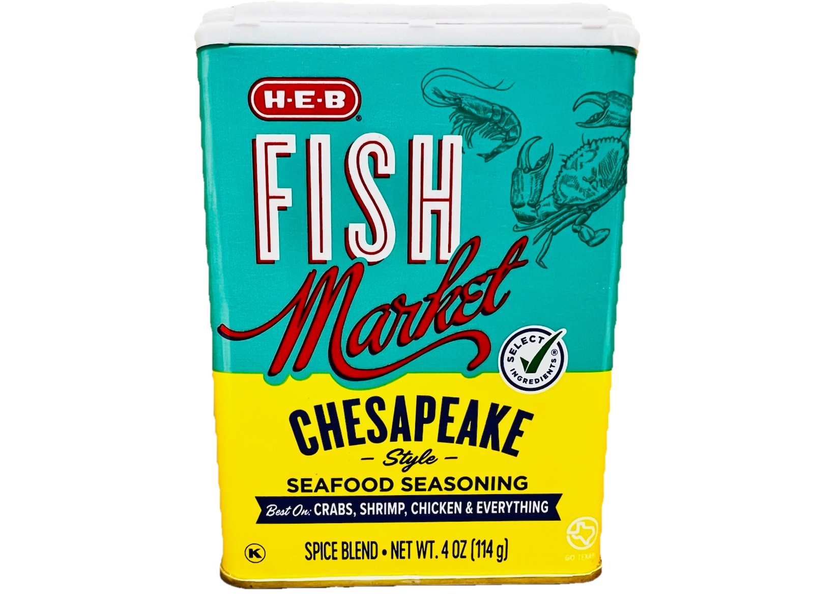 HEB FISH MARKET CHESAPEAKE STYLE SEAFOOD SEASONING, 4oz can, BBD : 03/10/28