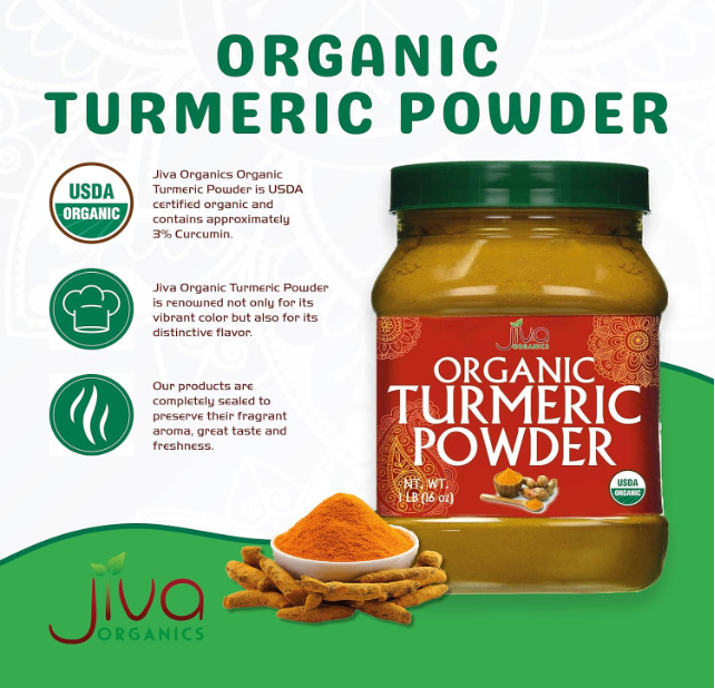 Organic Turmeric Powder 1 Pound Jar by Jiva Organics – 100% Raw with Curcumin