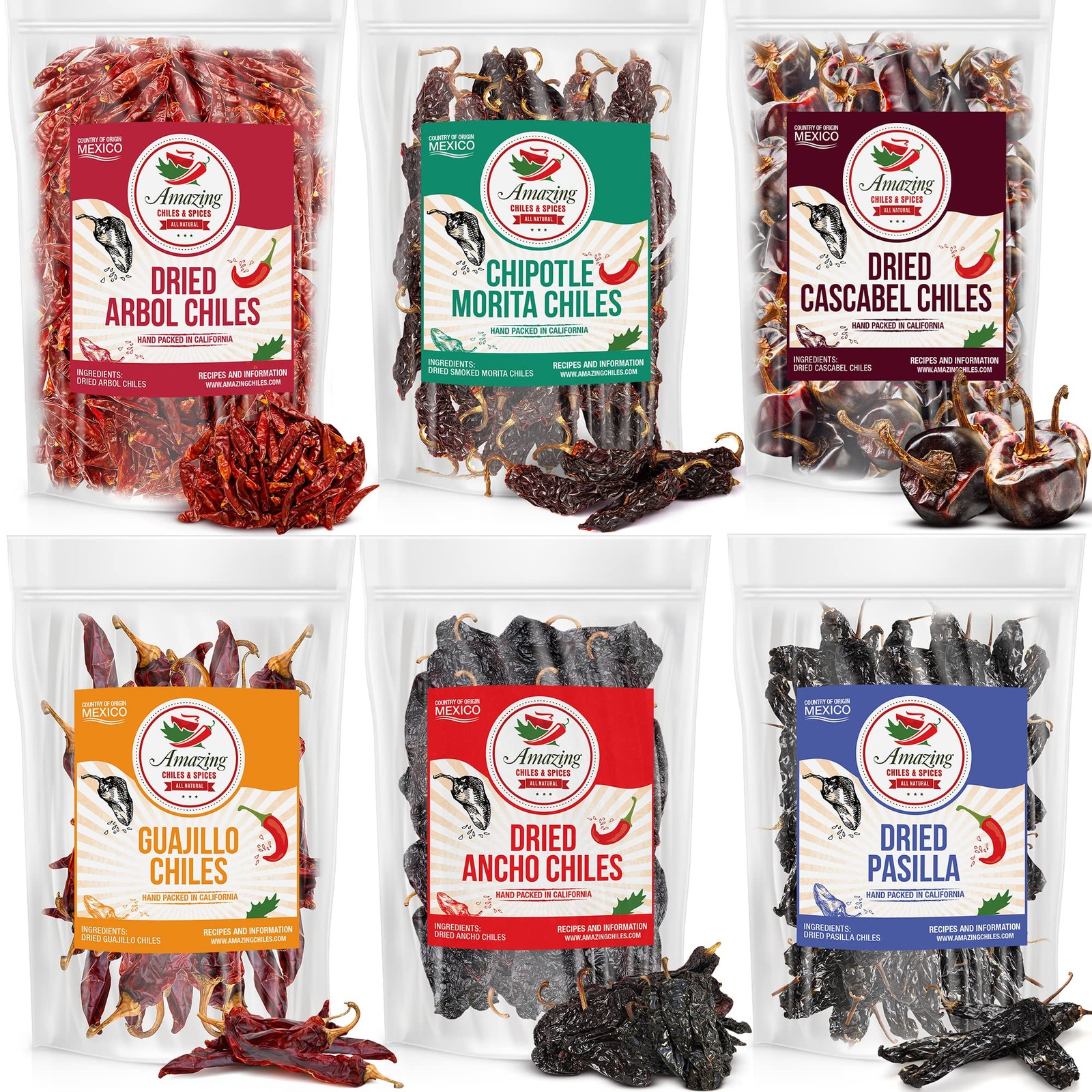 Dried Peppers 6 Pack Bundle – Ancho, Guajillo, Pasilla, Arbol, Chipotle, Casc…