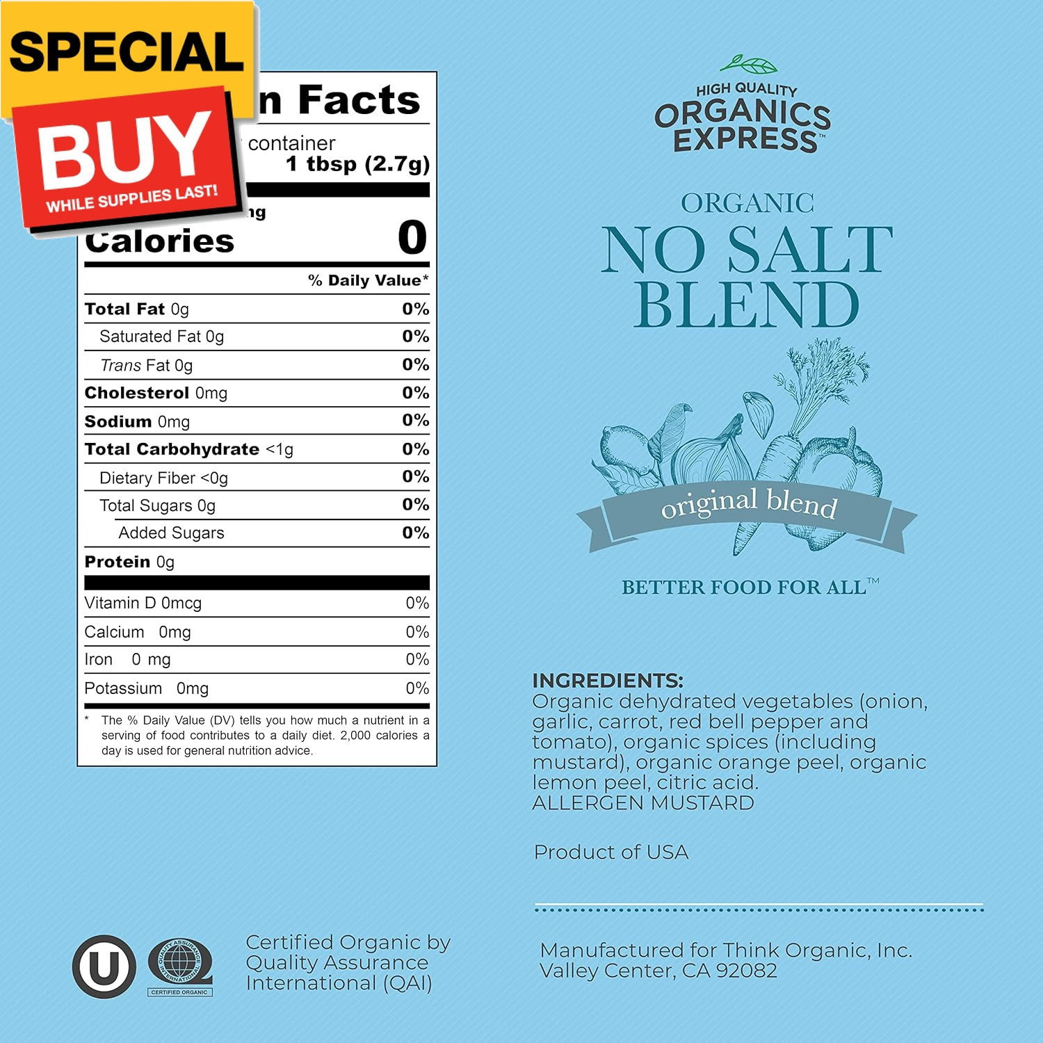 No Salt All Purpose Organic Seasoning, 100% Sodium Free, No MSG, For Vegetables,
