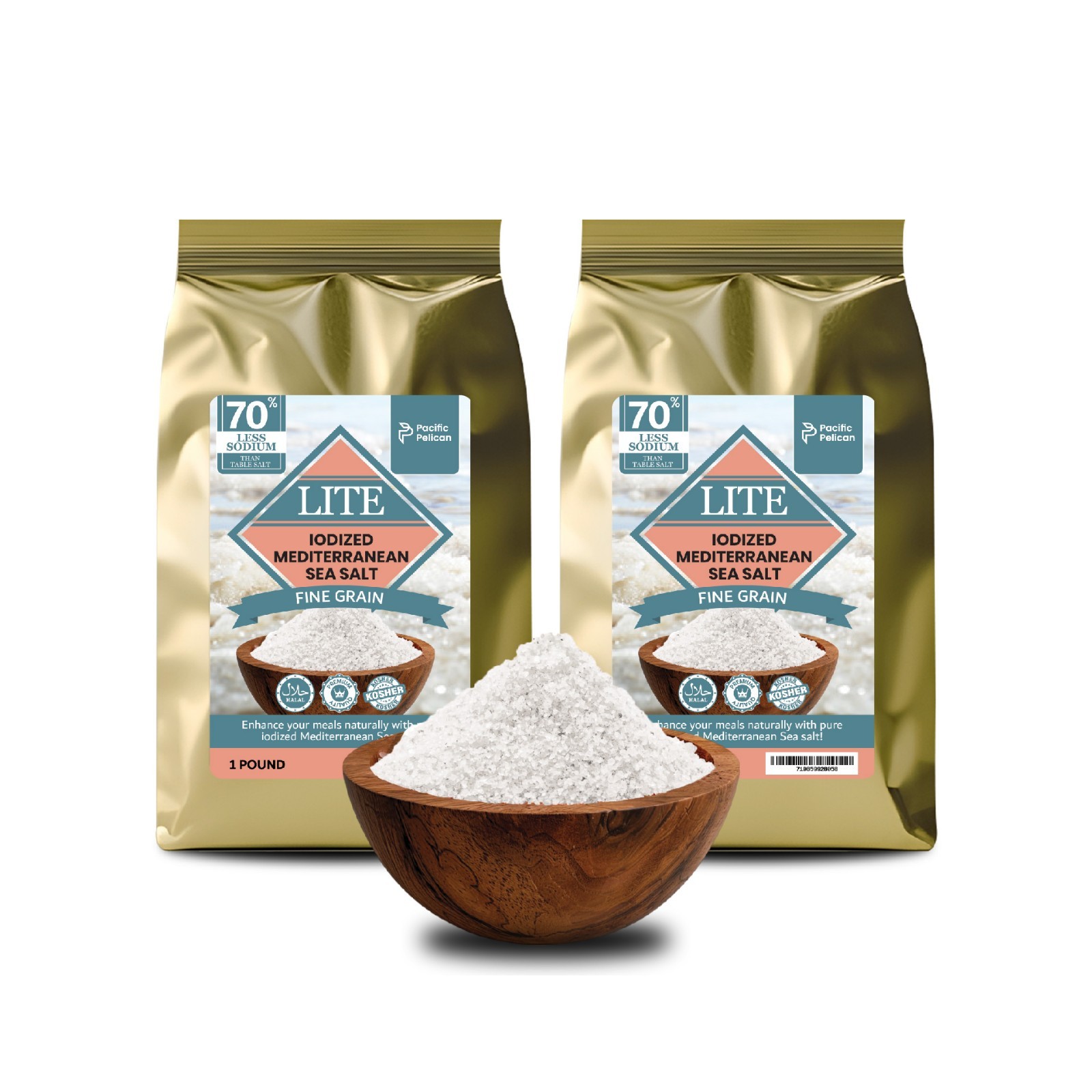 70% Less Sodium Iodized Mediterranean Fine Grain Sea Salt, 1LB, 2 Packs