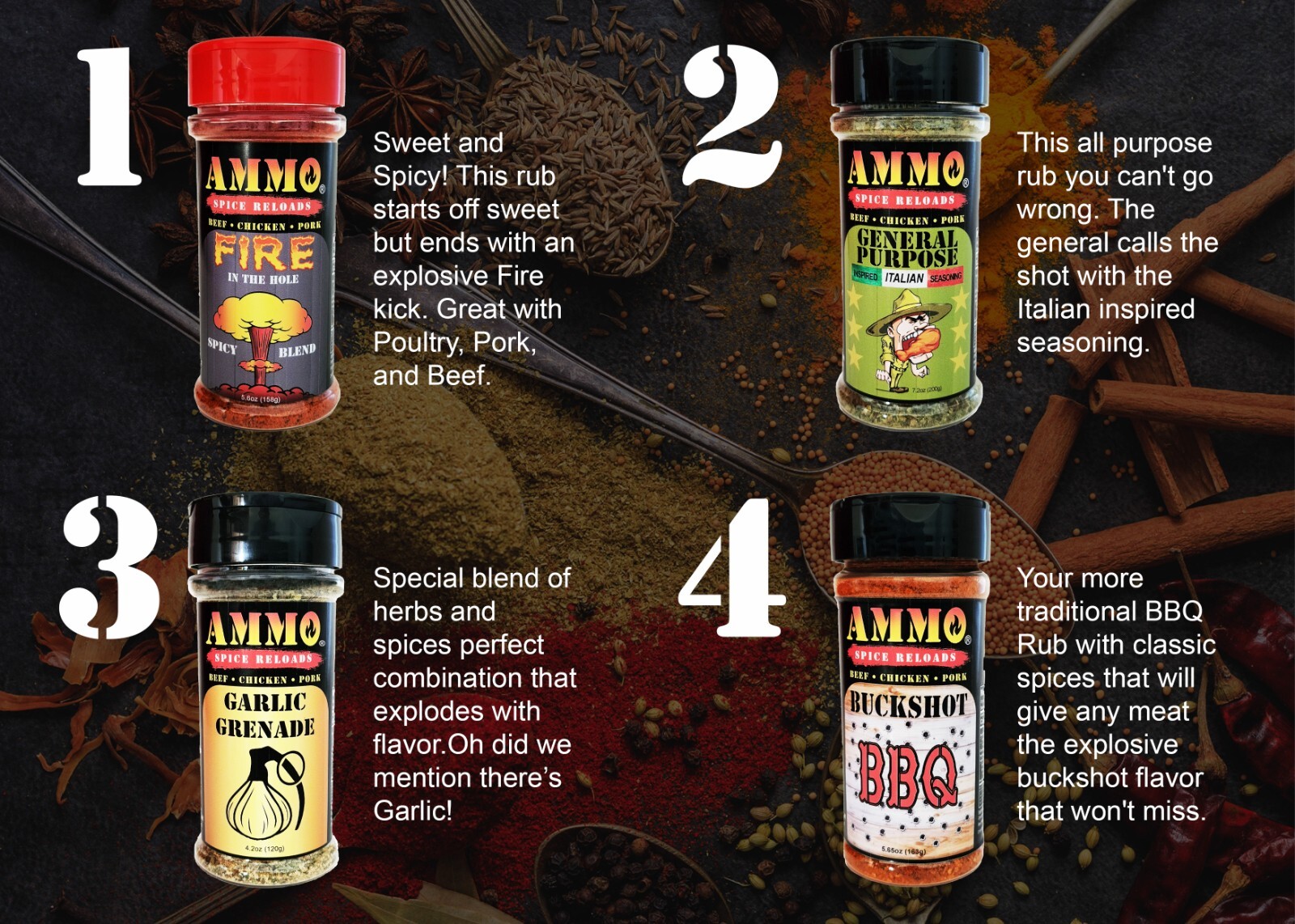 AMMO® Spice Rubs BBQ Grilling 4 Pack Gourmet Seasoning flavored Smoked rubs USA