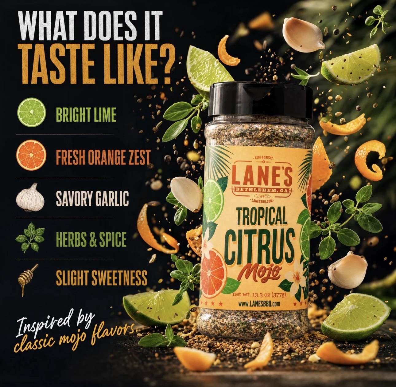 Lane’s Tropical Citrus Mojo Rub Chicken Seafood Meats Salads BBQ Smoking Citrus