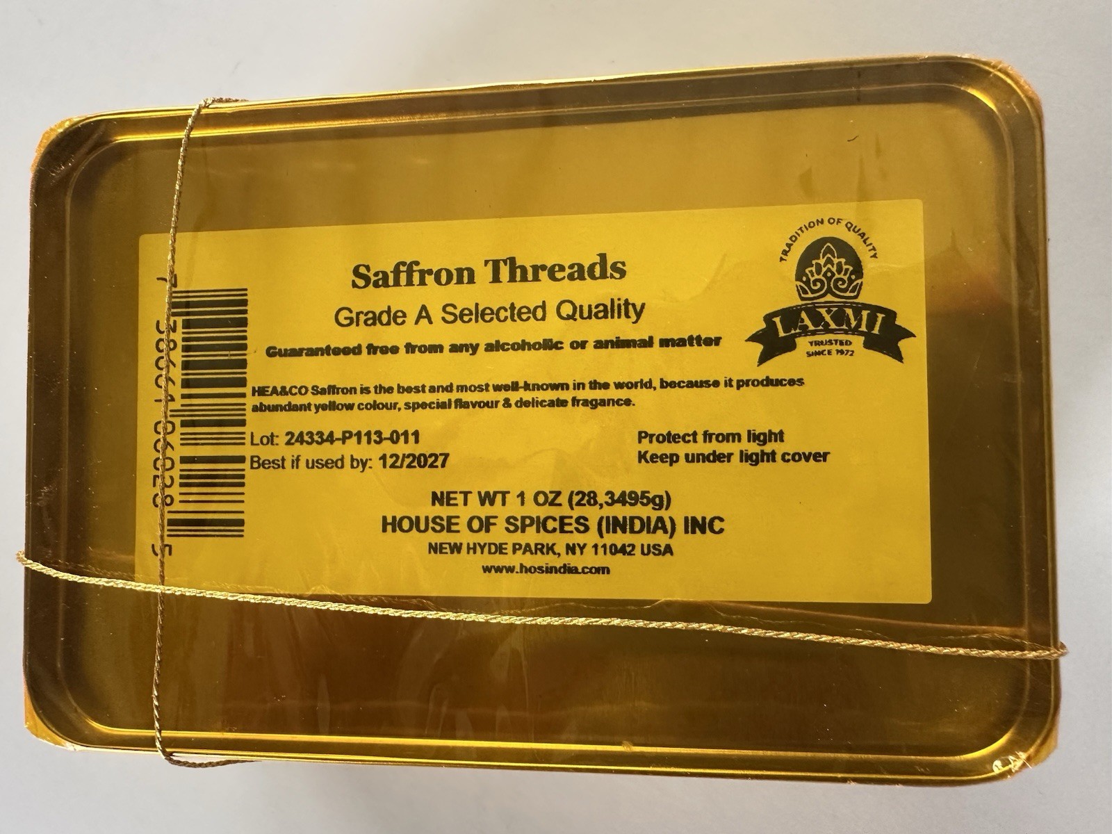 Laxmi Pure Spanish Saffron Indian Threads 1 oz (28.3495g) Tin Grade A BB 2027/12