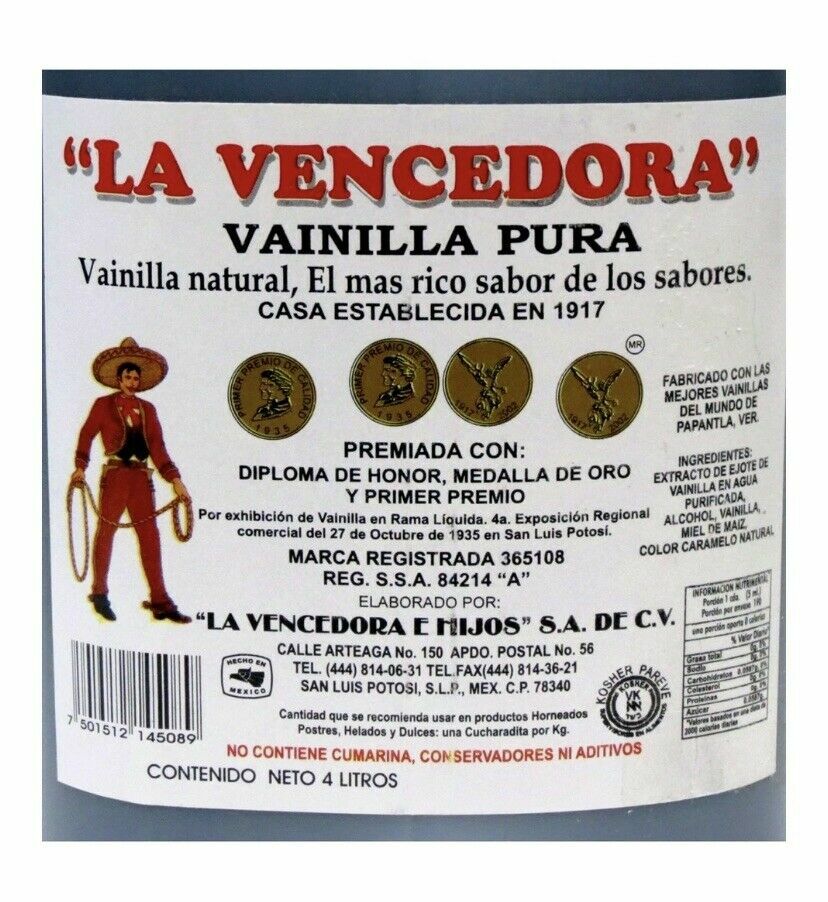 La Vencedora 1 Gallon 4 Liters Mexican Vanilla From Mexico