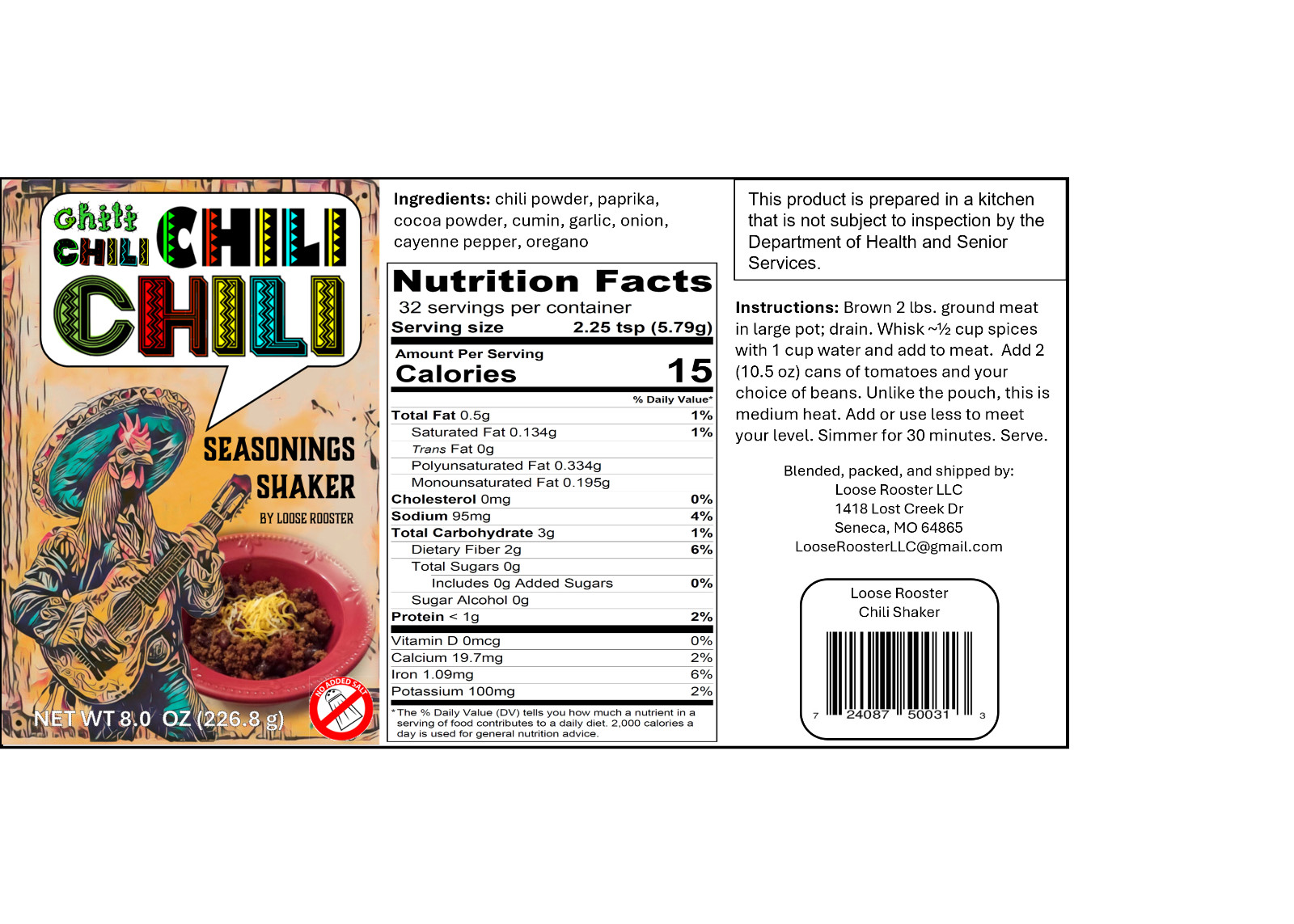 Loose Rooster’s Chili Seasoning shaker (No Added Salt) 8 oz