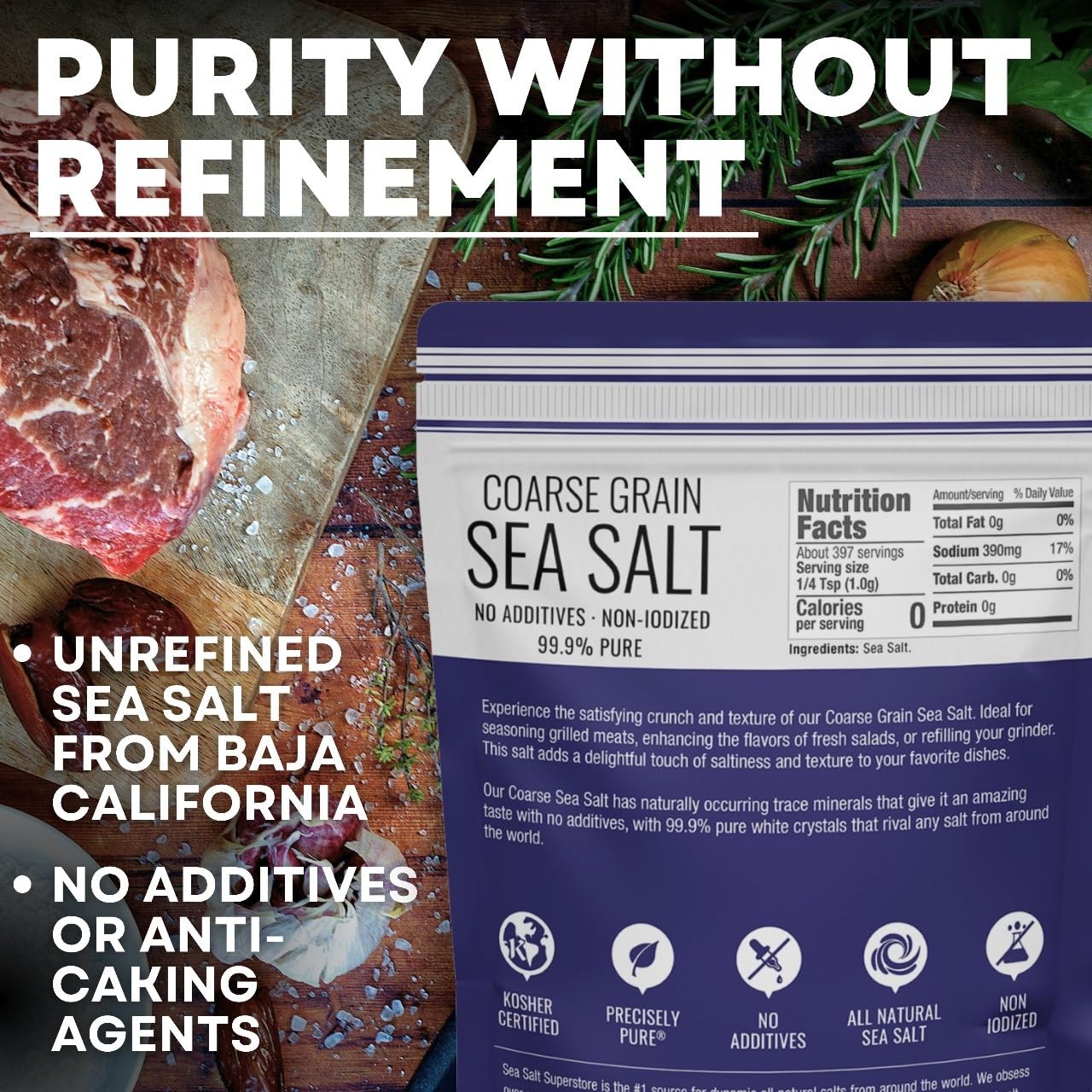 Coarse Sea Salt for Grinder Refill, Coarse Grain Kosher, Non-Iodized Unrefine…
