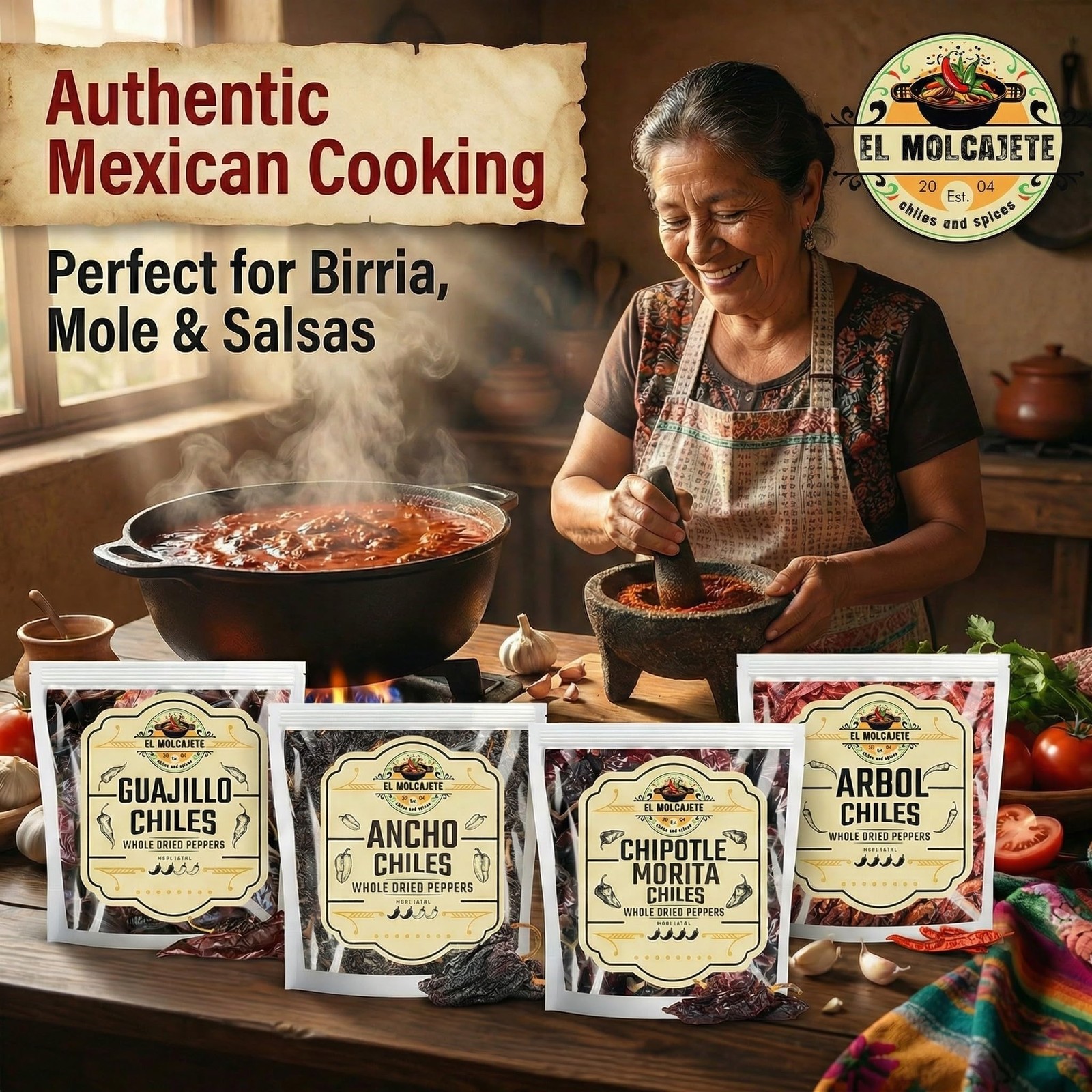 Dried Chile Pepper Variety 4Pack Ancho, Guajillo, Arbol & Chipotle Chiles W…