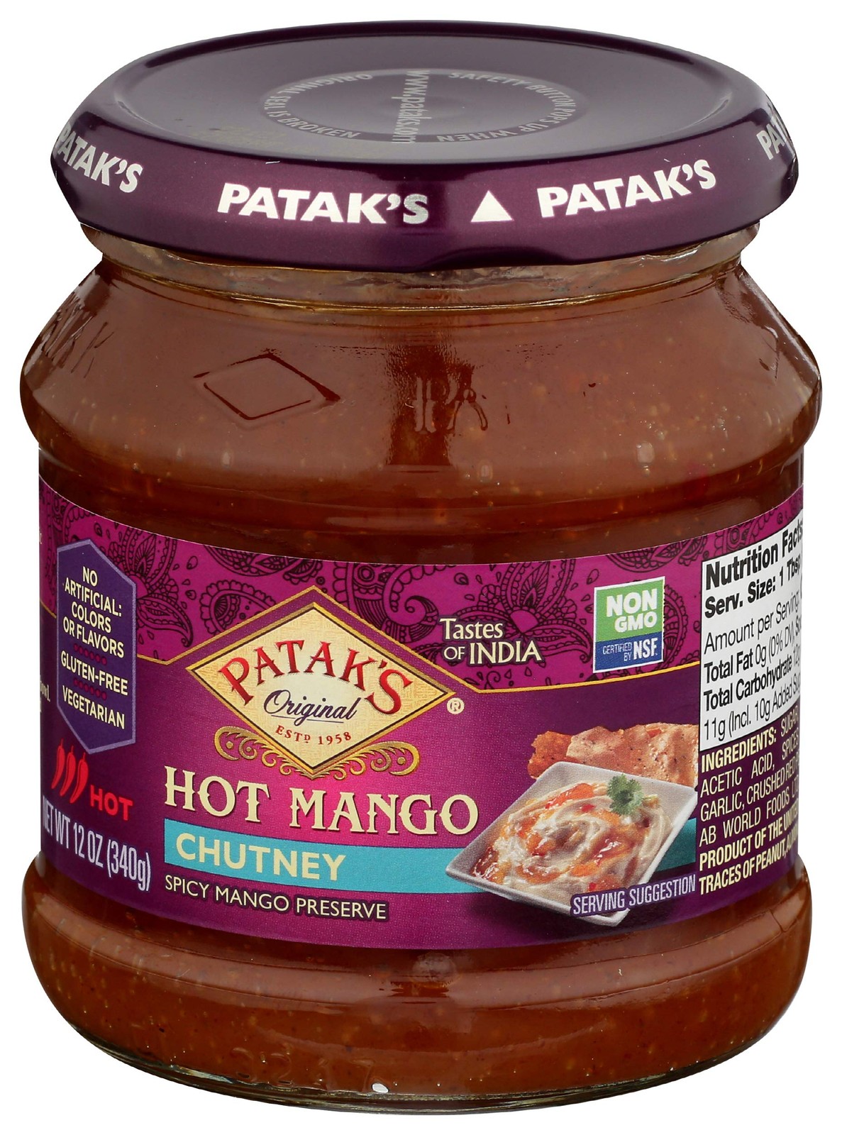 Patak’s Hot Mango Chutney 12oz Spicy Sweet Condiment for Dips and Grilling