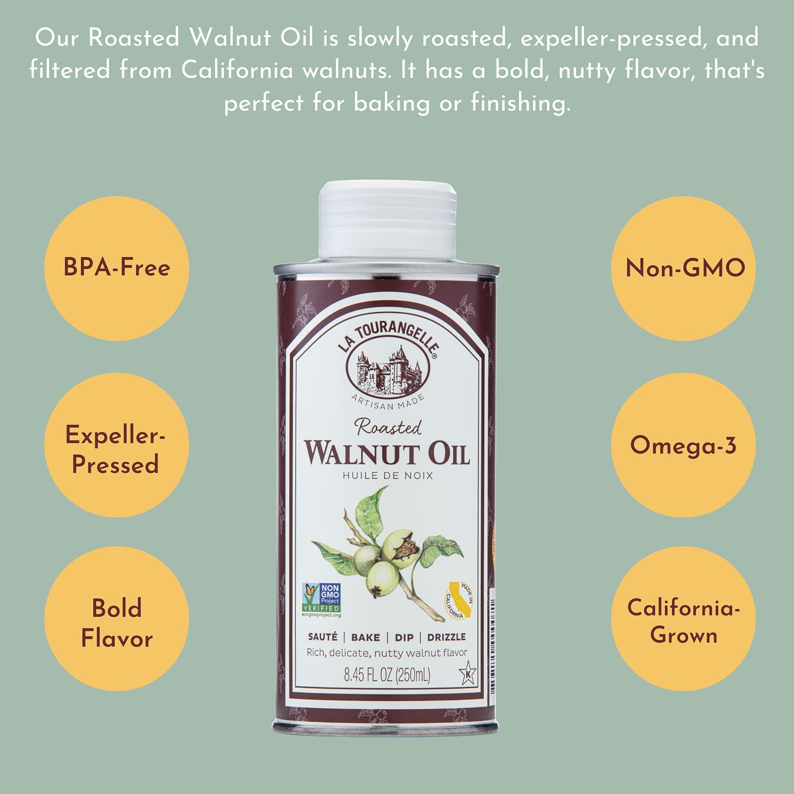 Roasted Walnut Oil Plant-Based Omega-3 Cooking Baking Beauty 16.9 Fl Oz