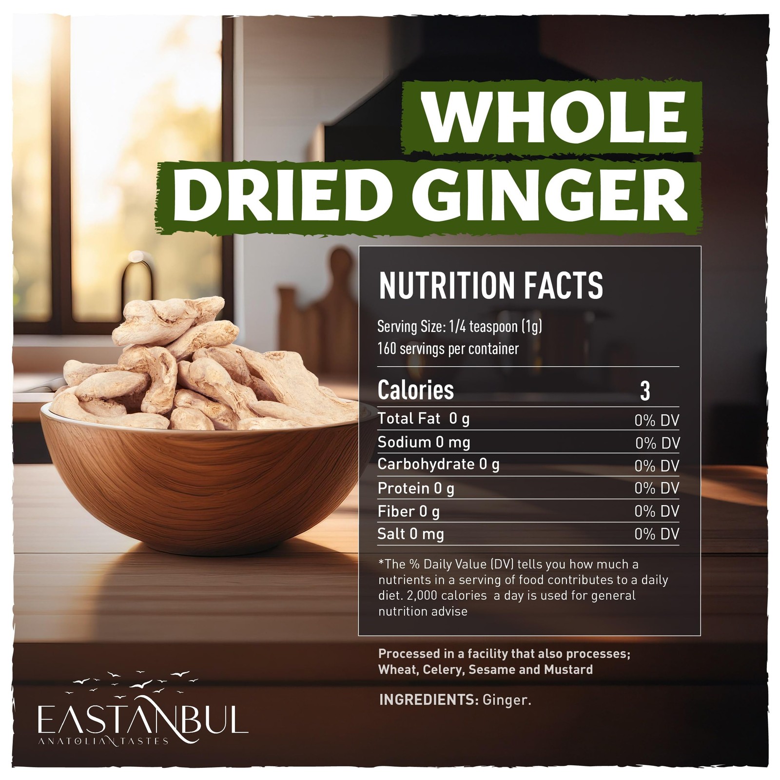 Eastanbul Dried Ginger Root, 4.4oz, Dry Whole, Perfect for Tea, 125g