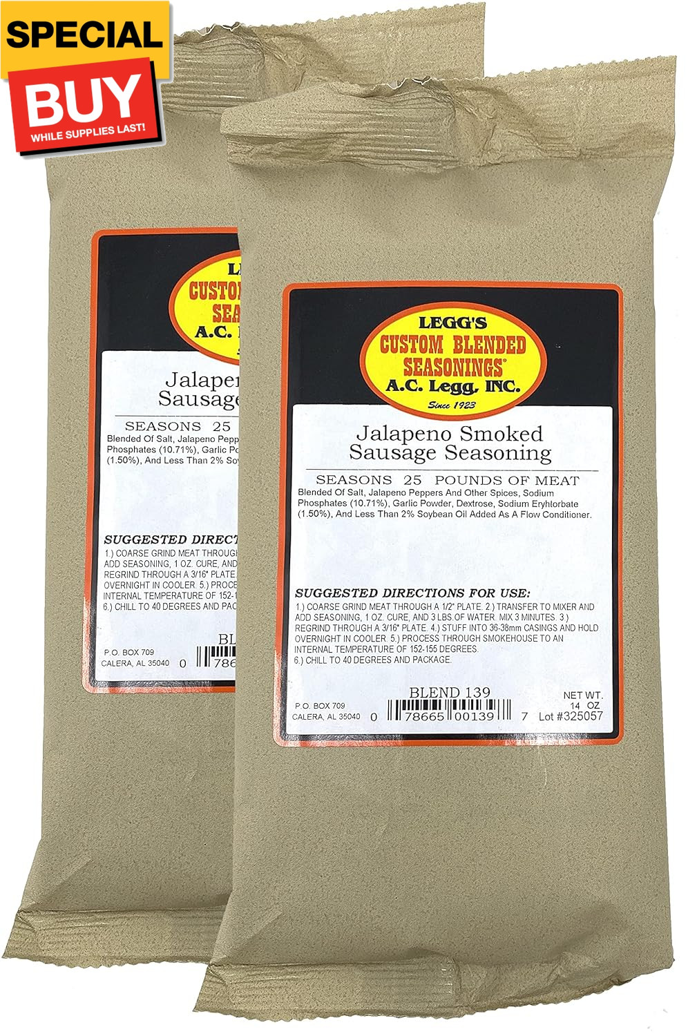 A.C. Legg Jalapeno Smoked Sausage Seasoning, 2 Packs – 14 Ounce each with Cure