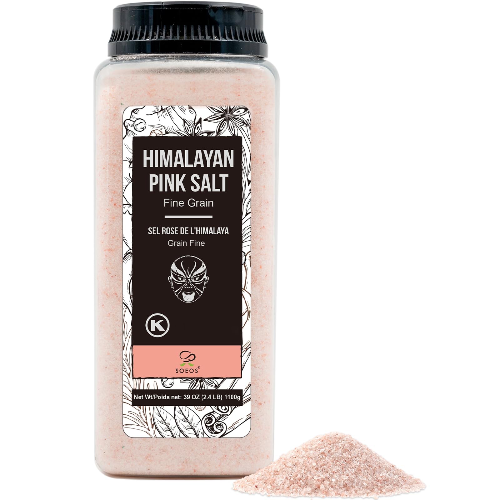 Soeos Himalayan Pink Salt, Fine Grain, 39oz (2.4 39 Ounce (Pack of 1), pink
