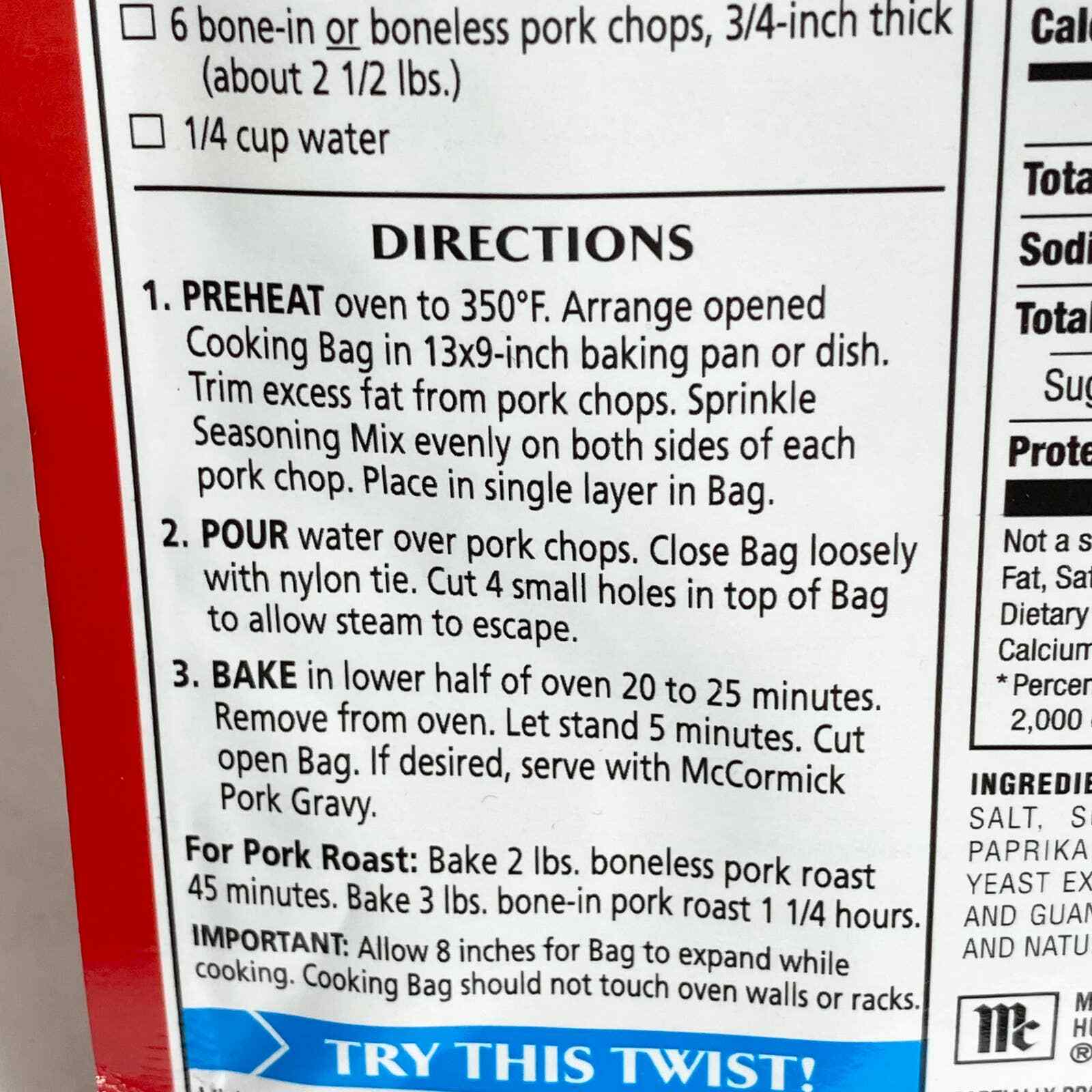 McCormick Bag ‘N Season Pork Chops Cooking Bag Seasoning Mix 1.06 oz (Pack of 3)