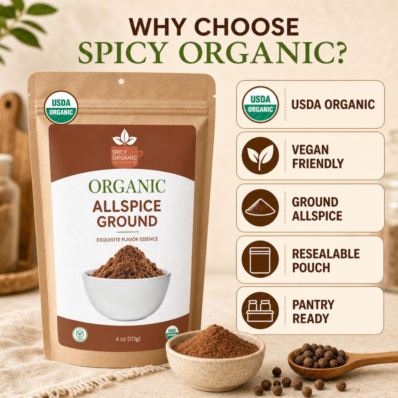 Spicy Organic Allspice Ground Powder 4 oz | USDA Organic