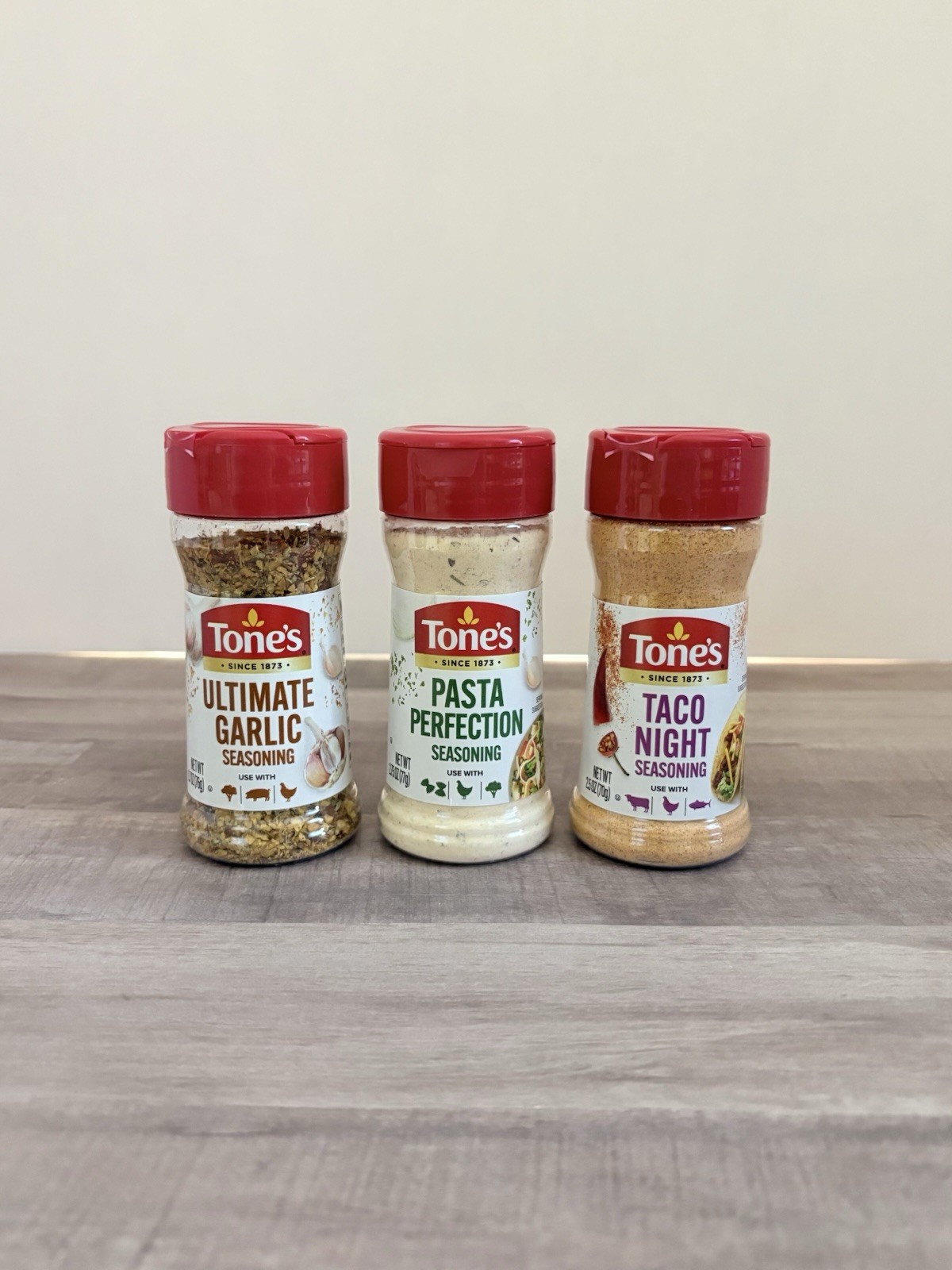 Tone’s Set of 3 Seasonings ~ Taco Night, Ultimate Garlic & Pasta Perfection