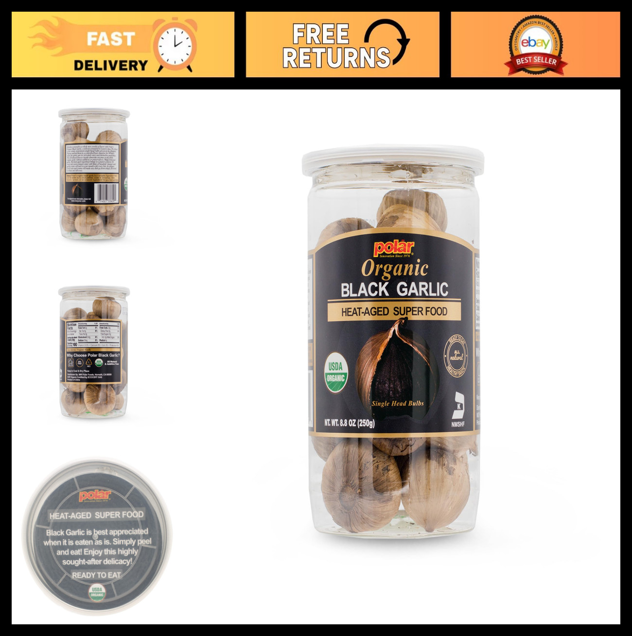 Organic Black Garlic Whole Bulbs 8.8oz – Easy Peel, All Natural, Healthy Snack