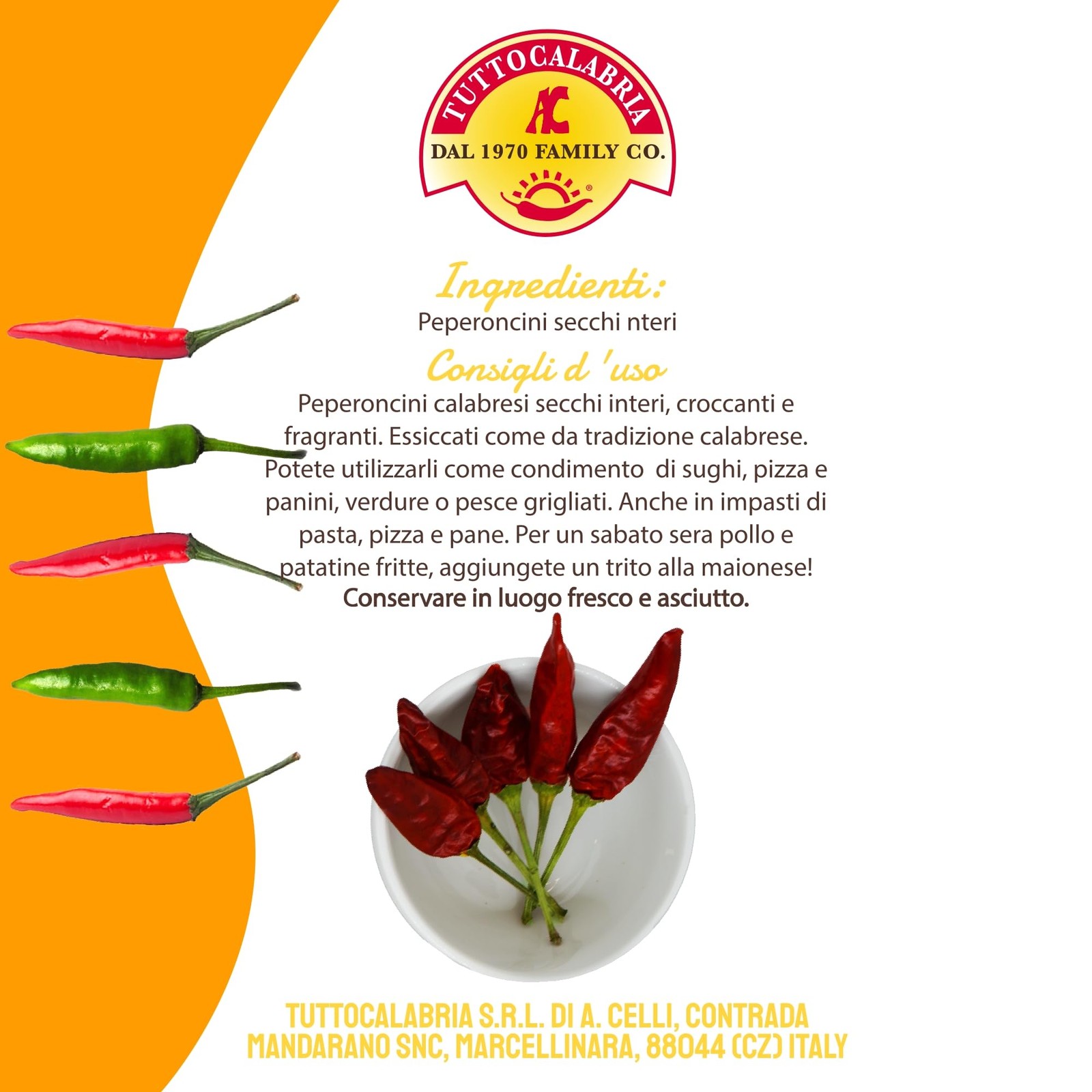 Dried Whole Calabrian Chili Peppers, Dry Pepper on Stem, 20 g