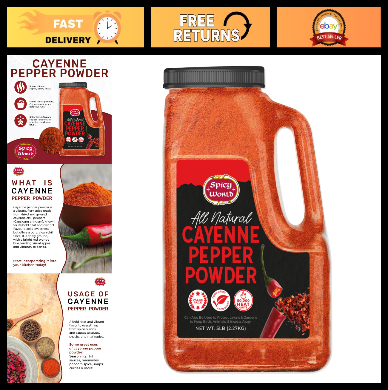 Bulk Cayenne Pepper Powder 5 LBS – Spicy Red Ground Pepper, 50,000 SHU, Gluten-F